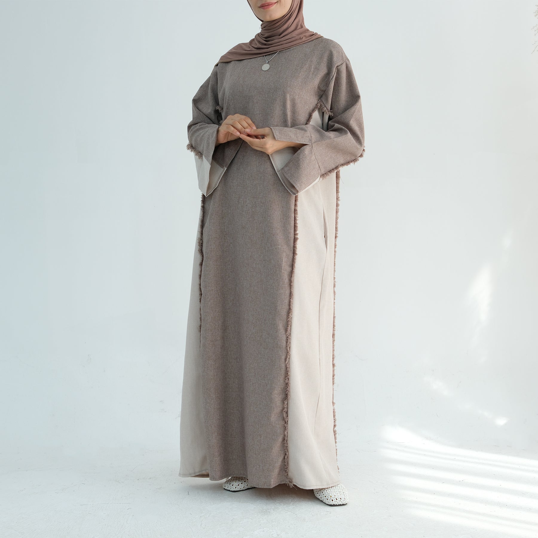 Blair Fringe Abaya Dress in Taupe - Elegant Islamic Modest Dress for Women, Perfect for Prayer, Eid, and Special Occasions