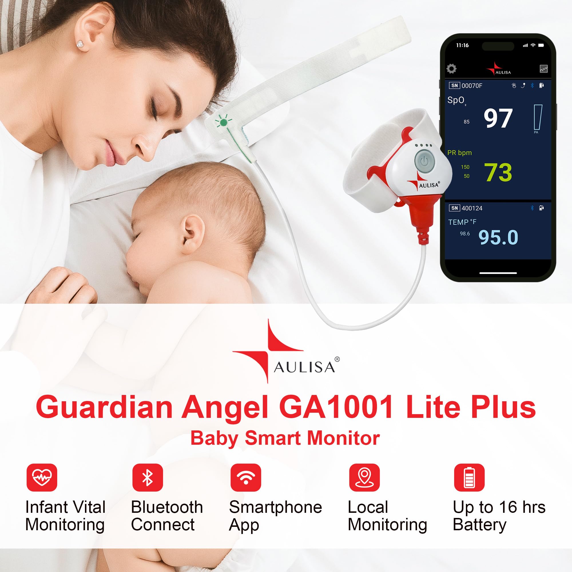 Smart Baby Monitor - Guardian Angel GA1001 Lite Plus Bluetooth Infant Foot Monitor with Heartbeat Tracking (Up to 22 lbs) - 9
