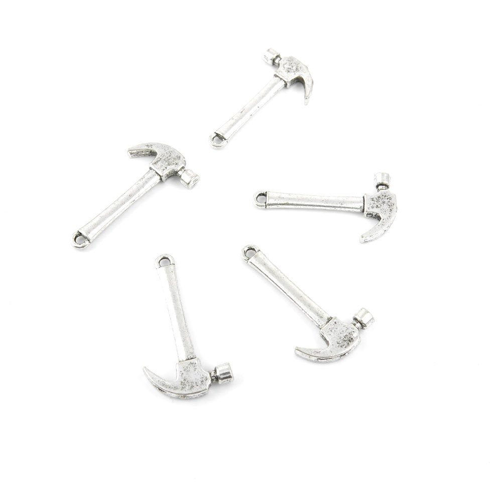 Vintage Silver Hammer Pendant Charms for Jewelry Making - Bulk Ancient Silver Findings Supplies (50pcs) - Perfect for DIY Necklaces, Bracelets & Craft Projects