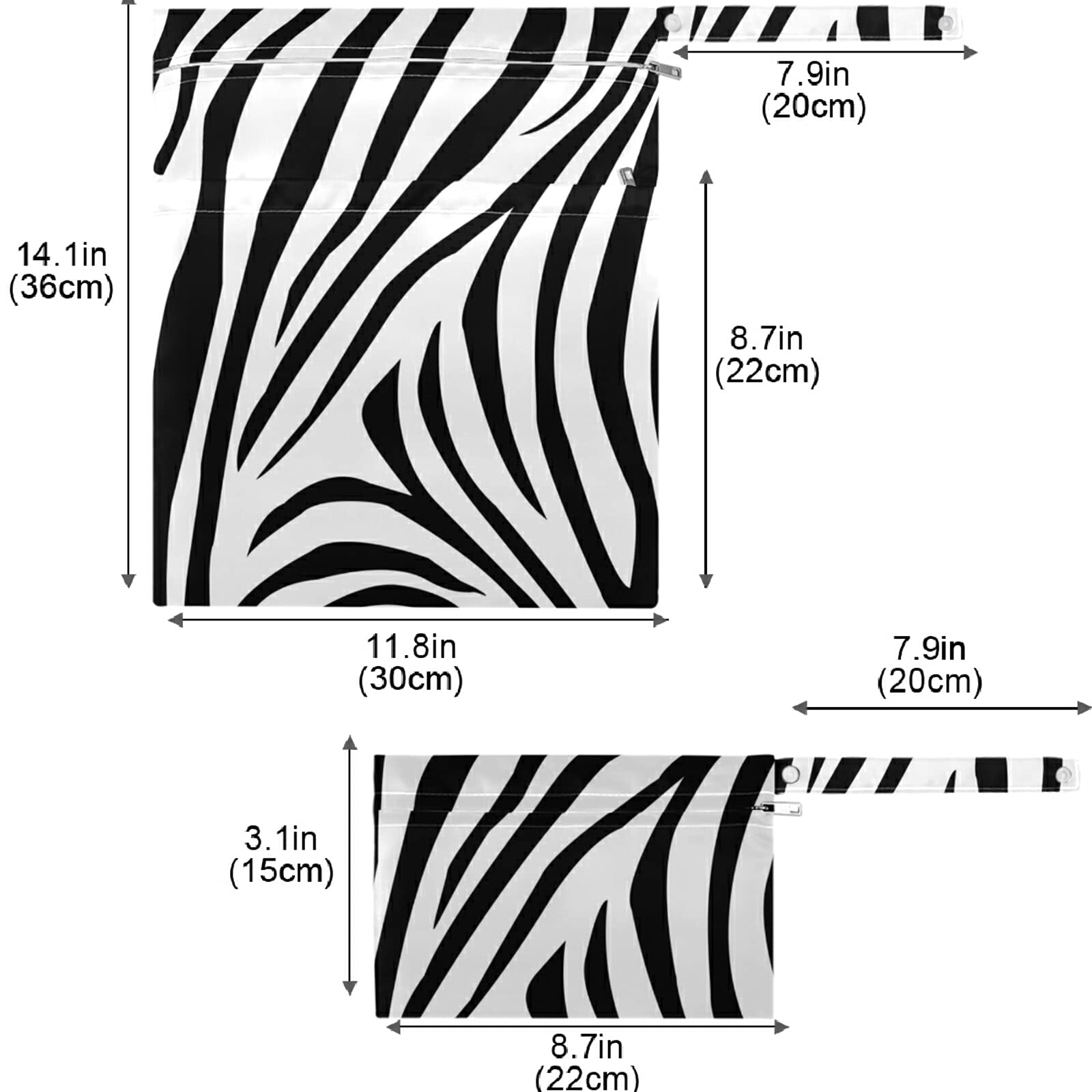 Visesunny Zebra Stripe 2-Pack Waterproof Wet Bags with Zipper Pockets - Reusable Washable Diaper Organizer for Baby Care, Travel, Beach & Gym | Perfect for Strollers, Daycare, Swimsuits & Toiletries Storage