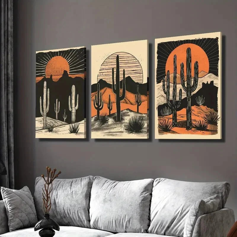 3-Piece Desert Cactus Sunset Wall Art Set - Framed Canvas Prints 40x60cm - High Quality Australian Made Ready-to-Hang Wall Decor for Living Room, Bedroom & Office