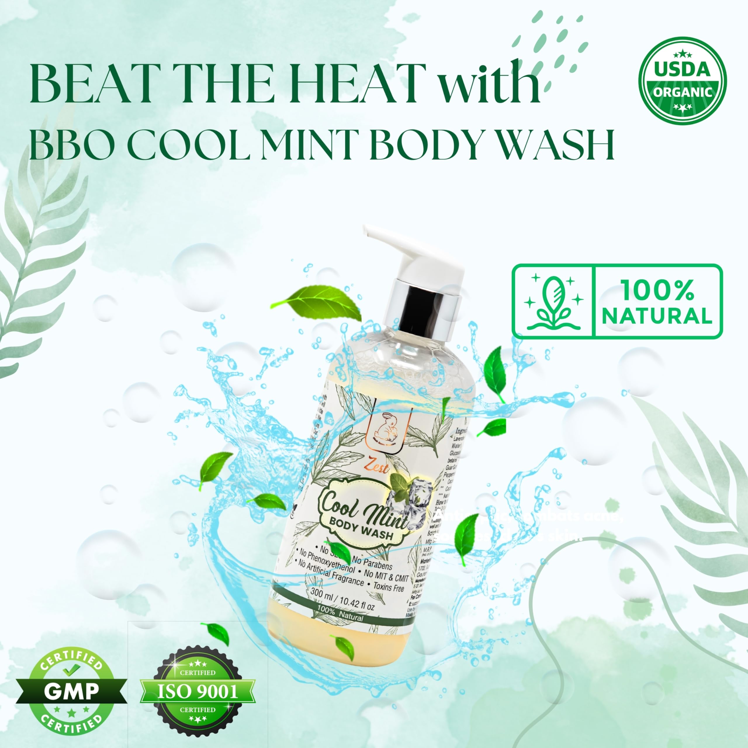 Blush Bunny Organics Zest Cool Mint Body Wash - USDA Certified Organic Anti-Acne Body Wash with Tea Tree & Peppermint Oil for Men & Women | Vegan, SLS, Paraben & Alcohol Free (300ml) - Refreshing Daily Shower for Clear, Healthy Skin