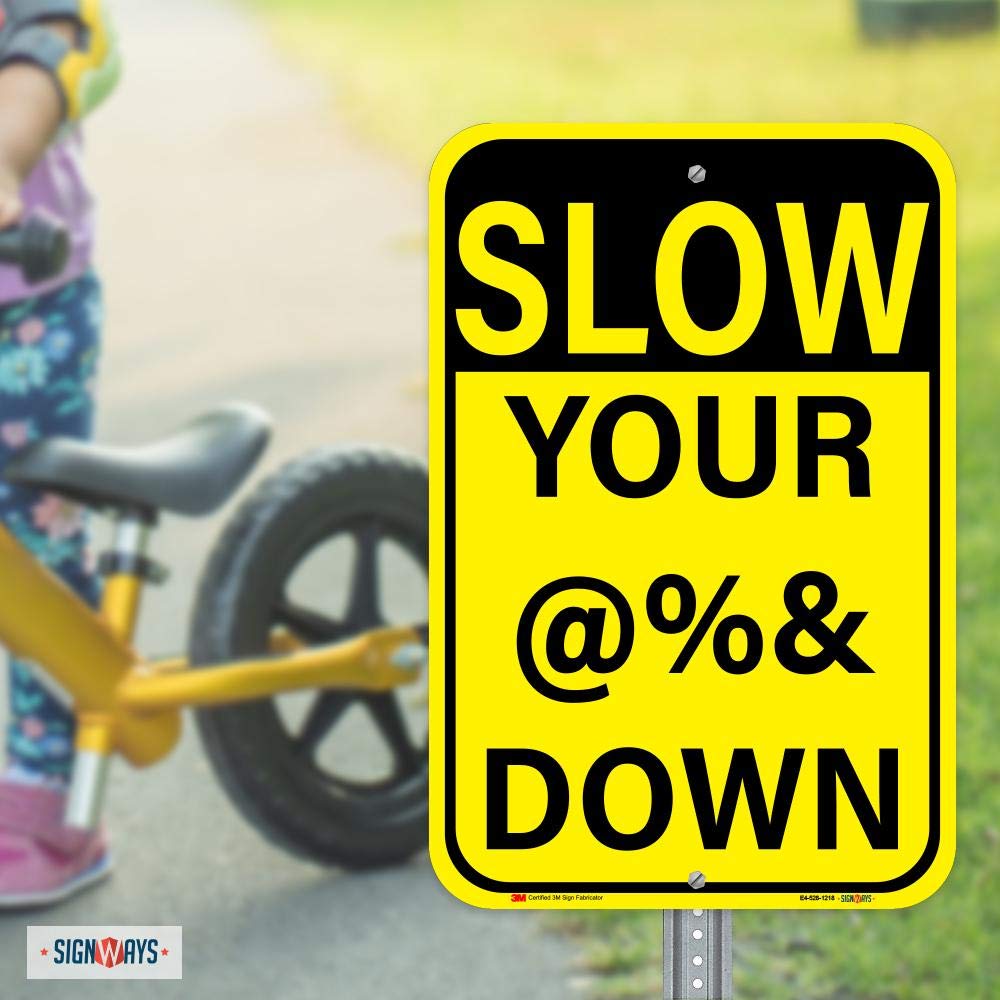SLOW DOWN Reflective Aluminum Sign 12x18 Inches - Durable USA-Made Traffic & Safety Sign for Roads, Driveways & Construction Zones