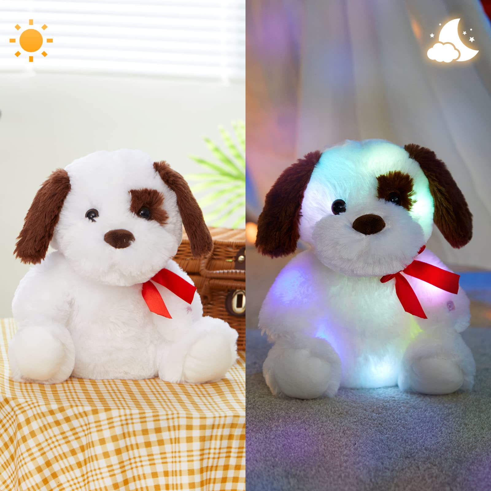 BSTAOFY 12-Inch LED Glow in The Dark Plush Puppy Toy - Soft Light Up Stuffed Animal Dog with Bow Tie, Cute Night Light for Kids Bedroom | Perfect Gift for Toddlers, Boys & Girls (Birthday, Christmas) | Bedtime Companion, Nursery Decor & Comfort Toy