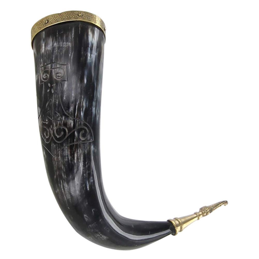 Hand-Carved Viking Norse Drinking Horn with Mjolnir Design - Authentic Mead & Ale Tankard for Medieval Reenactments, LARP Events & Viking-Themed Parties