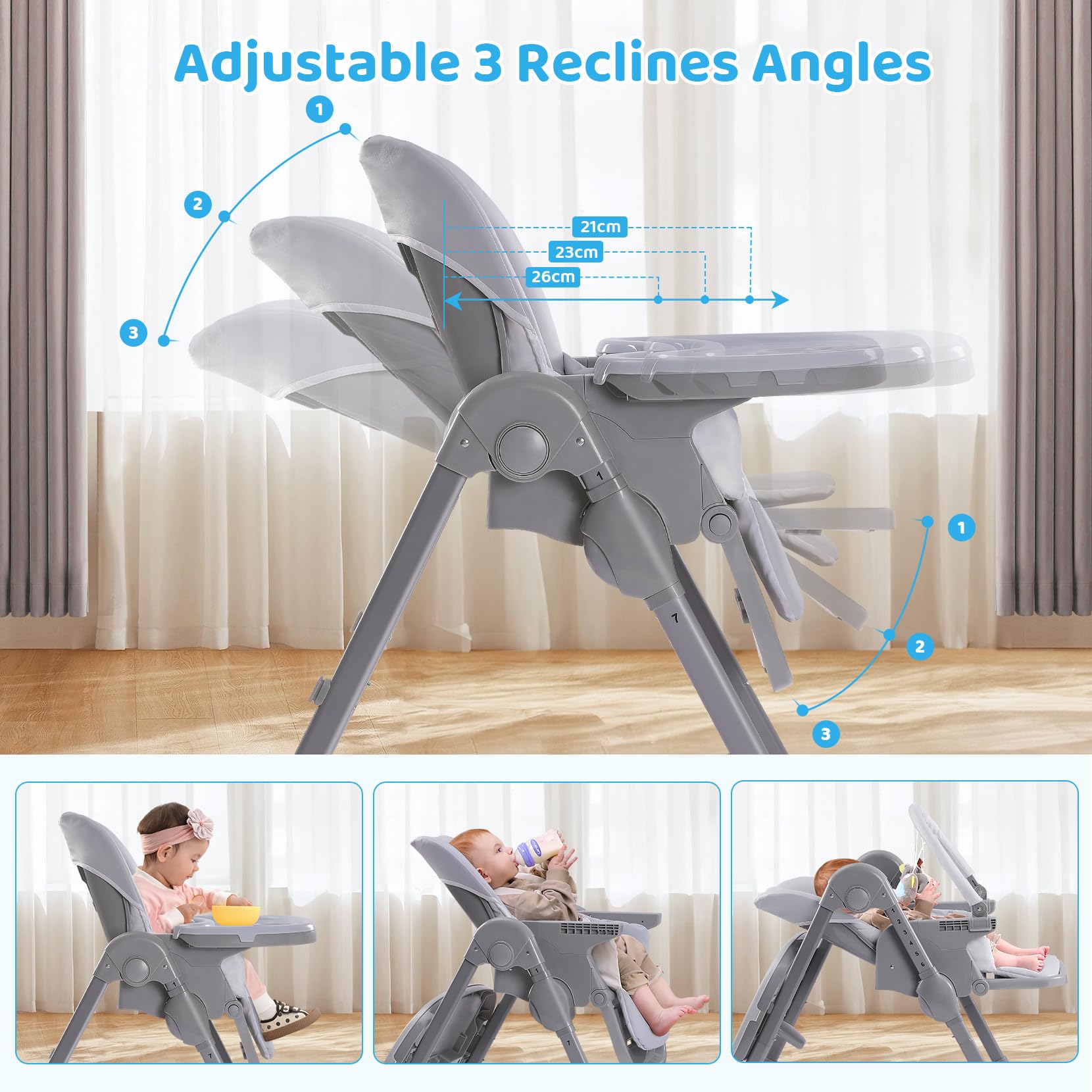 Ezebaby Adjustable Baby High Chair with Recline - Foldable, Convertible 2-in-1 Dining Booster Seat, Portable Toddler Chair with 4 Wheels & Toy Tray - Gray | Perfect for Home, Restaurants & Travel