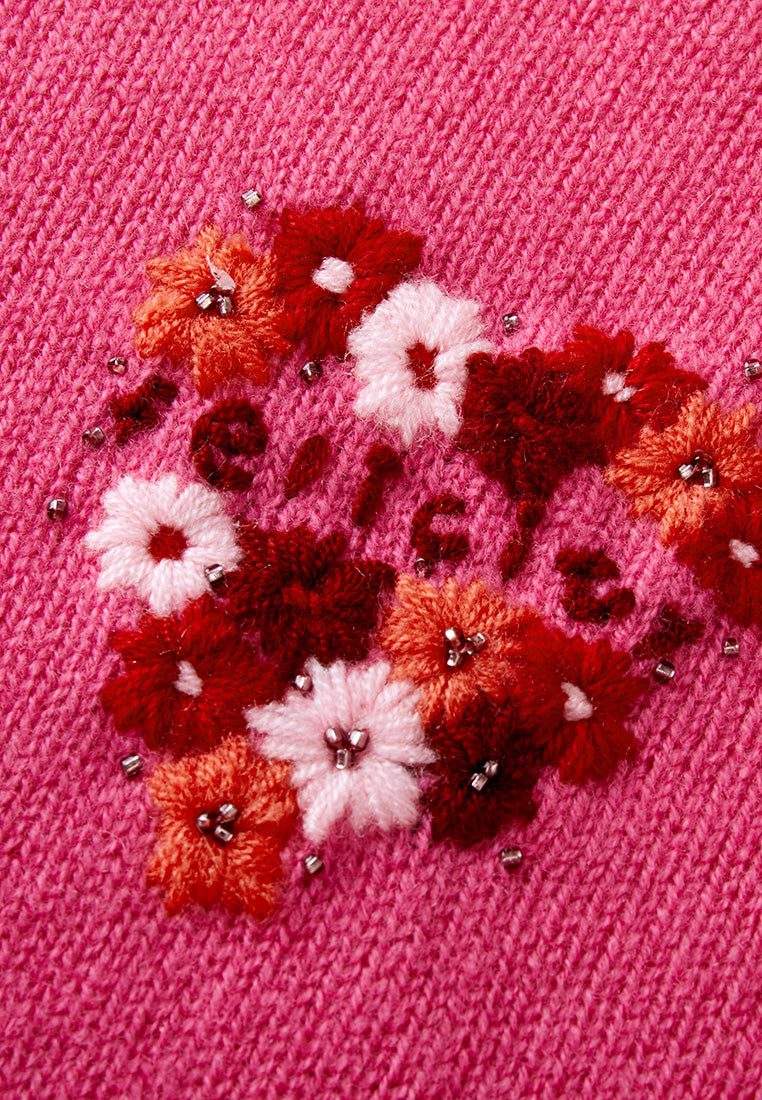 Fuchsia Ribbed Patchwork Sweater with Embroidered Shoulder Details - Stylish & Comfortable for Casual Outings and Fall Fashion