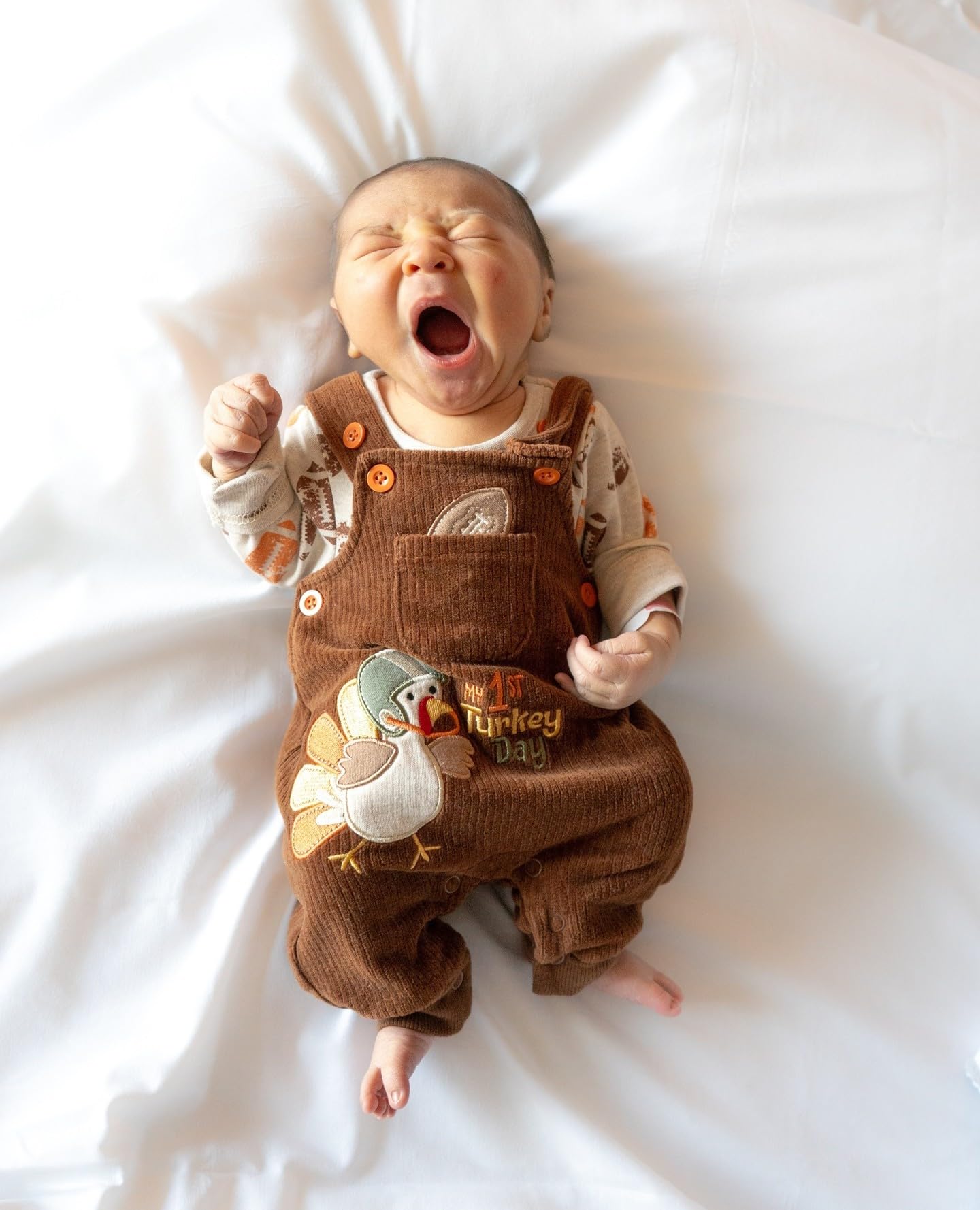 YOKJZJD Newborn Baby Thanksgiving Outfit - Turkey Print Corduroy Bib Overalls Jumpsuit for Boys & Girls | Fall & Holiday Season Baby Clothes for Family Gatherings & Photo Shoots