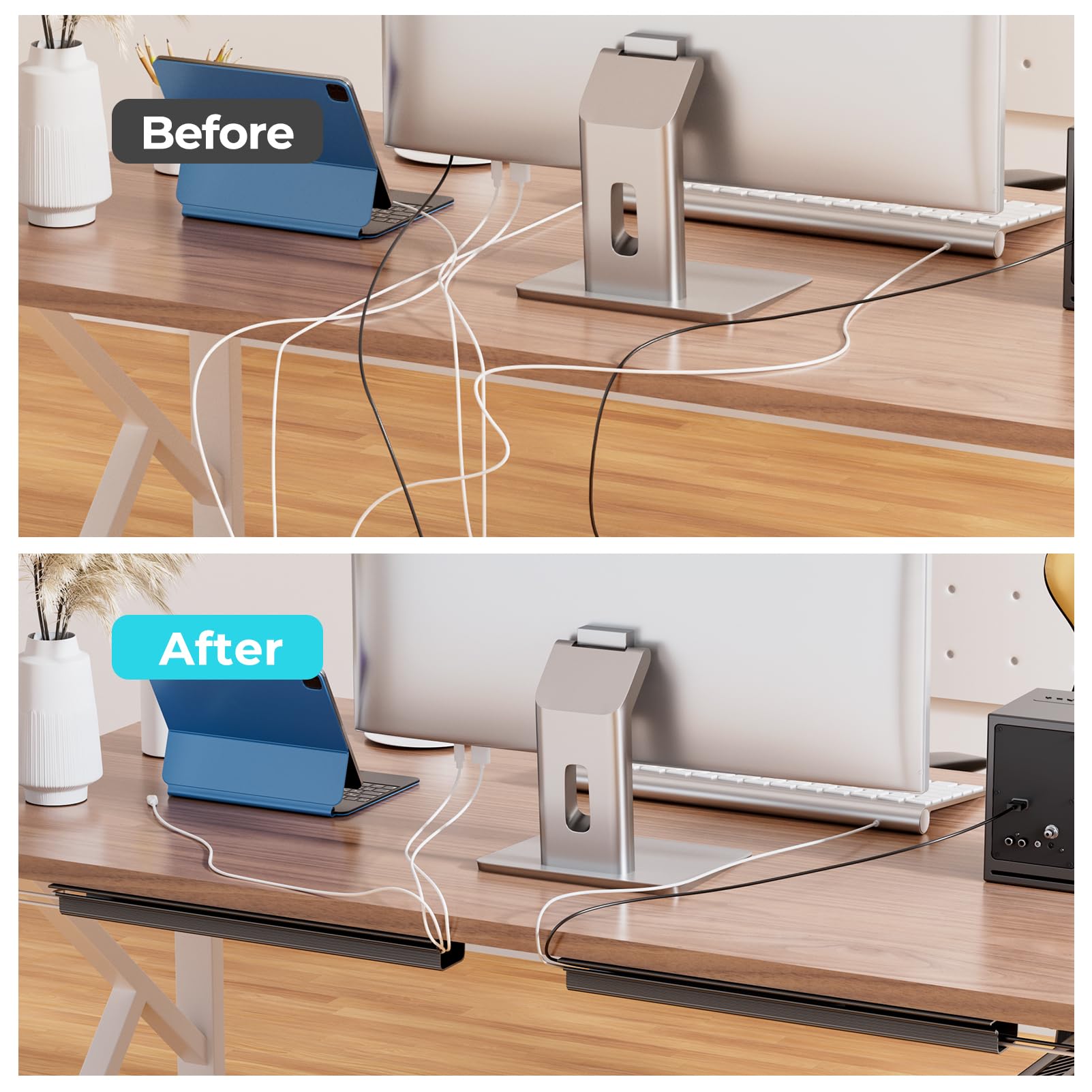 Delamu 2 Pack Cable Management Kit - Under Desk Cord Organizer for Home & Office, 15.7inX2 - Safe & Tidy Cable Solution to Protect Kids & Pets | Perfect for Computer Desks, TV Stands & Entertainment Centers