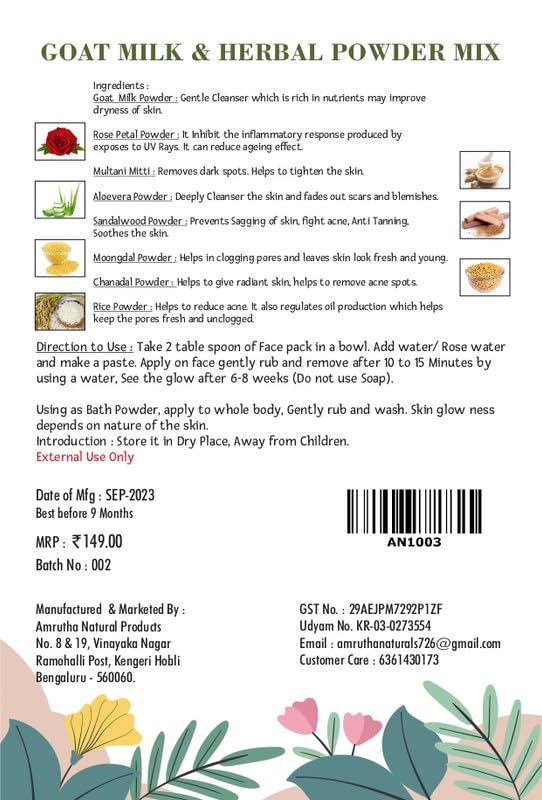 **Amrutha Natural Goat Milk & Aloe Vera Powder with Rose Extract Face Pack & Bath Powder – Cleanses Skin, Reduces Pimples, Acne, Marks & Scars – Suitable for All Skin Types – 100g (Pack of 2) | Perfect for Daily Skincare & Relaxing Baths**