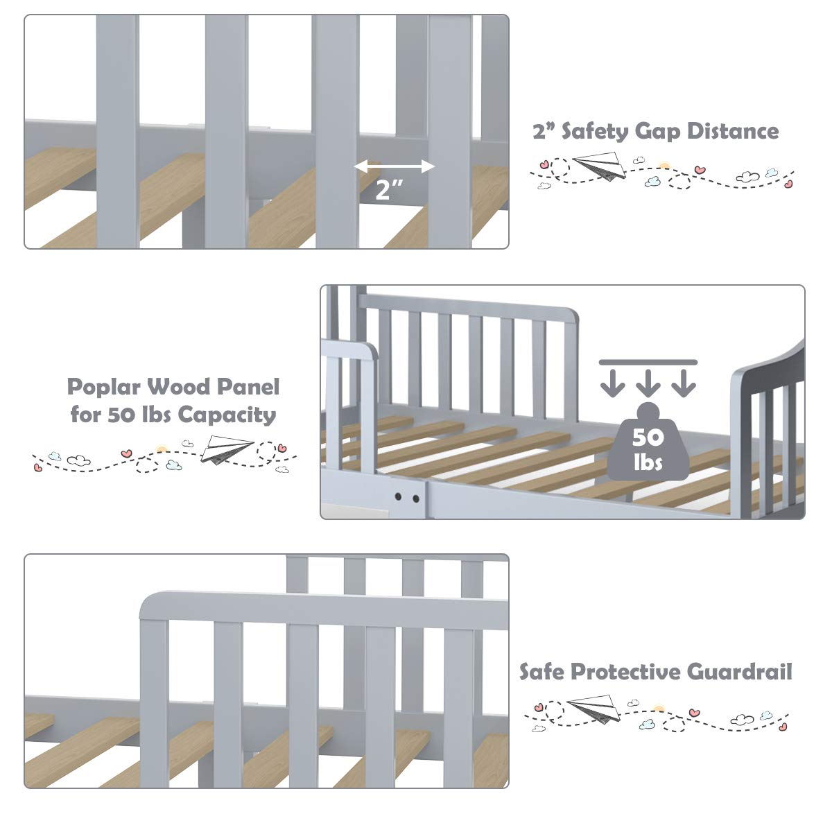 HONEY JOY Solid Rubber Wood Toddler Bed Frame with Safety Guardrail - Fits Full Size Crib Mattress (Not Included) | Classic Kids Bedroom Furniture for Boys & Girls | Perfect for Nursery, Daycare or Children's Bedroom (Gray)