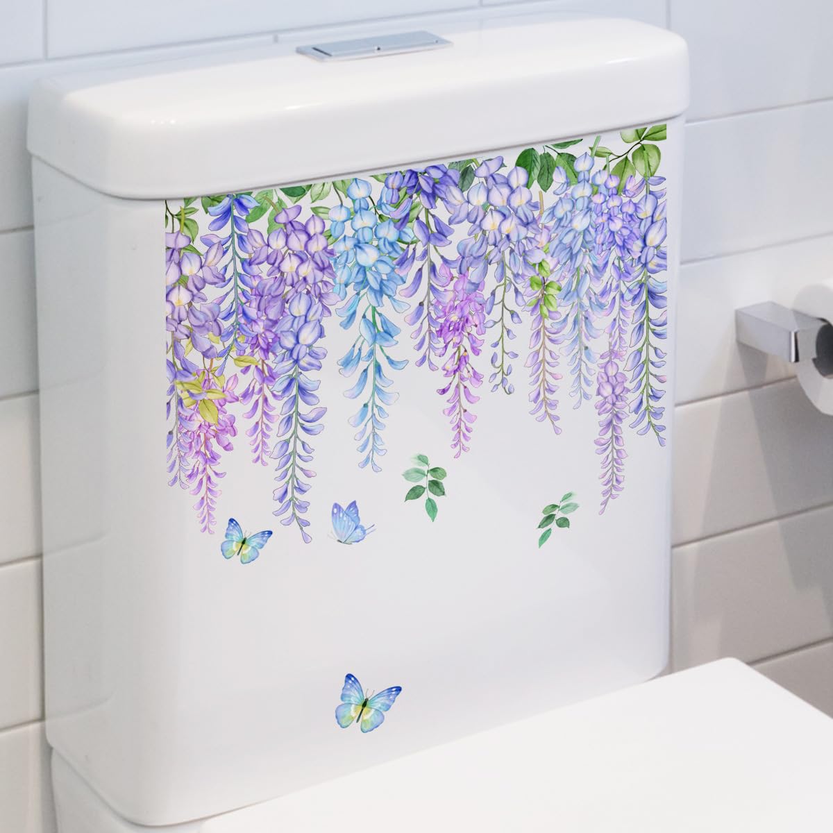 Butterfly Purple Flowers Toilet Cover Sticker Decals - Waterproof Self-Adhesive Bathroom Decor for Toilet Lid, Tank & Wall - Floral Butterfly Rose Leaf Design - Perfect for Home, Apartment & RV Bathroom Makeover