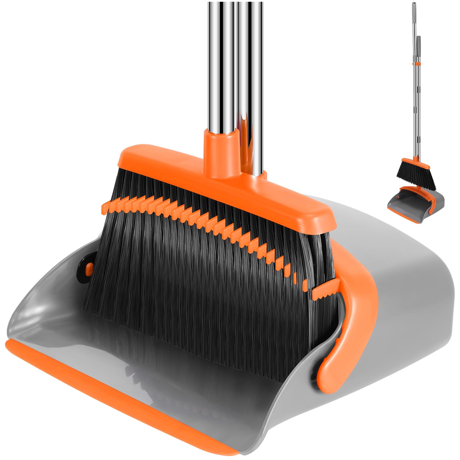 52-in Long Adjustable Handle Broom and Dustpan Set with Teeth for Hair Cleaning - Gray & Orange | Ideal for Home, Kitchen, Office & Hallway Floors