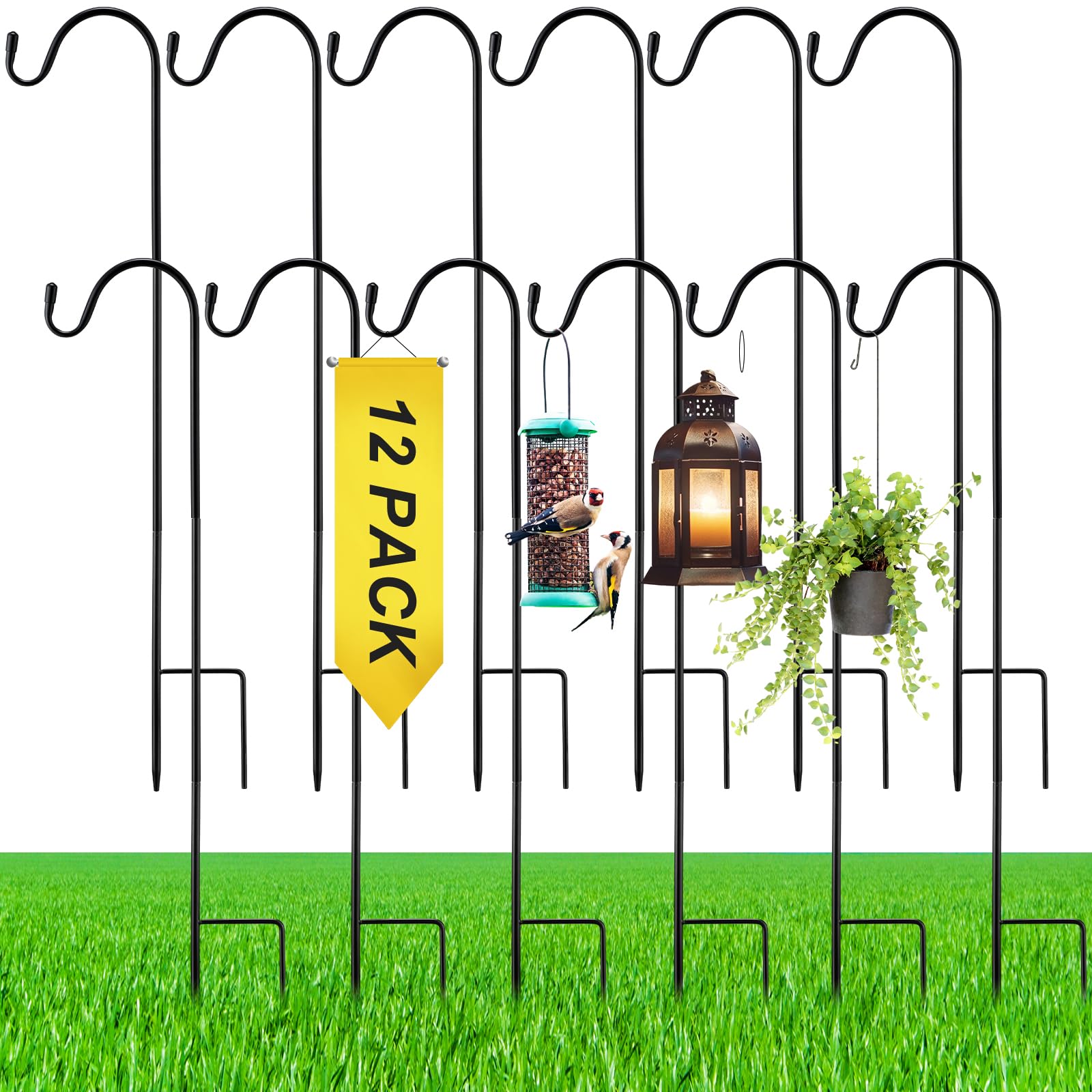12 Pack 24 Inch Adjustable Shepherd Hooks - Heavy Duty Rust Resistant Metal Garden Hooks for Bird Feeders, Plant Baskets, Solar Lights & Wedding Decor - Perfect for Outdoor Hanging Decorations & Backyard Landscaping