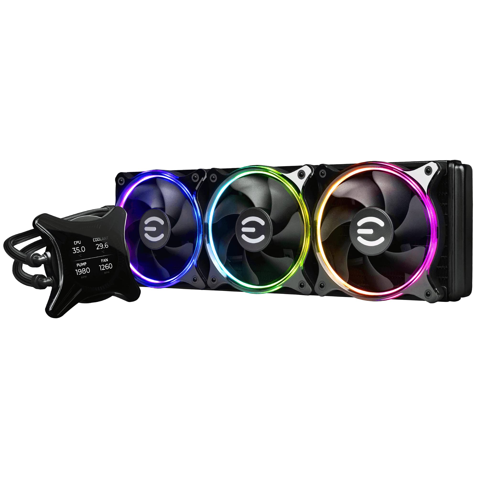 EVGA CLCx 360mm AIO Liquid CPU Cooler with LCD Display - 3x 120mm PWM ARGB Fans for Intel & AMD CPUs - 5 Year Warranty (400-HY-CX36-V1) - Perfect for Gaming PCs, Workstations, and High-Performance Cooling Solutions