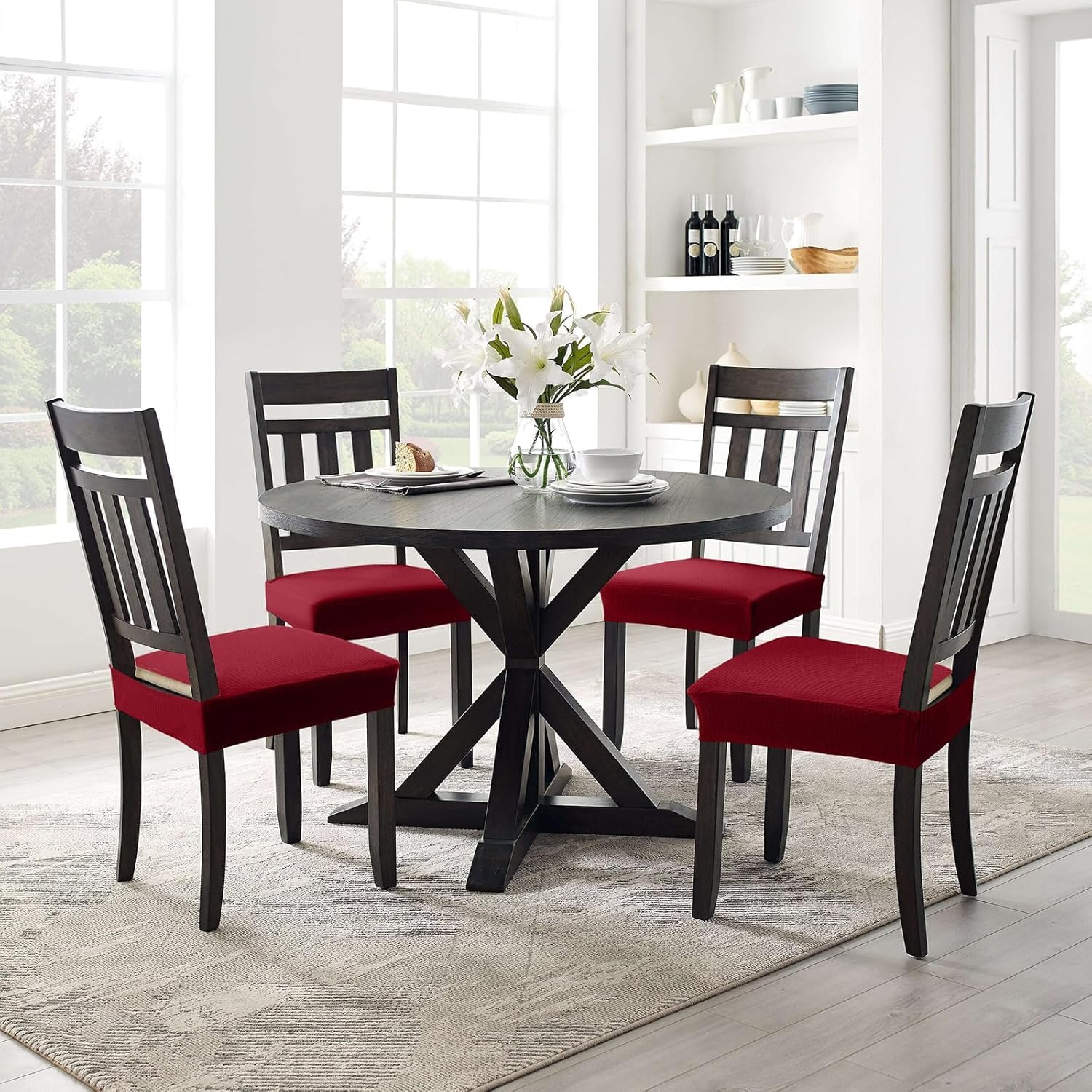 Smiry Stretch Jacquard Dining Room Chair Seat Covers Set of 2 - Washable & Removable Slipcovers for Kitchen, Office, Restaurant - Wine Red Seat Protectors Without Rear Covers