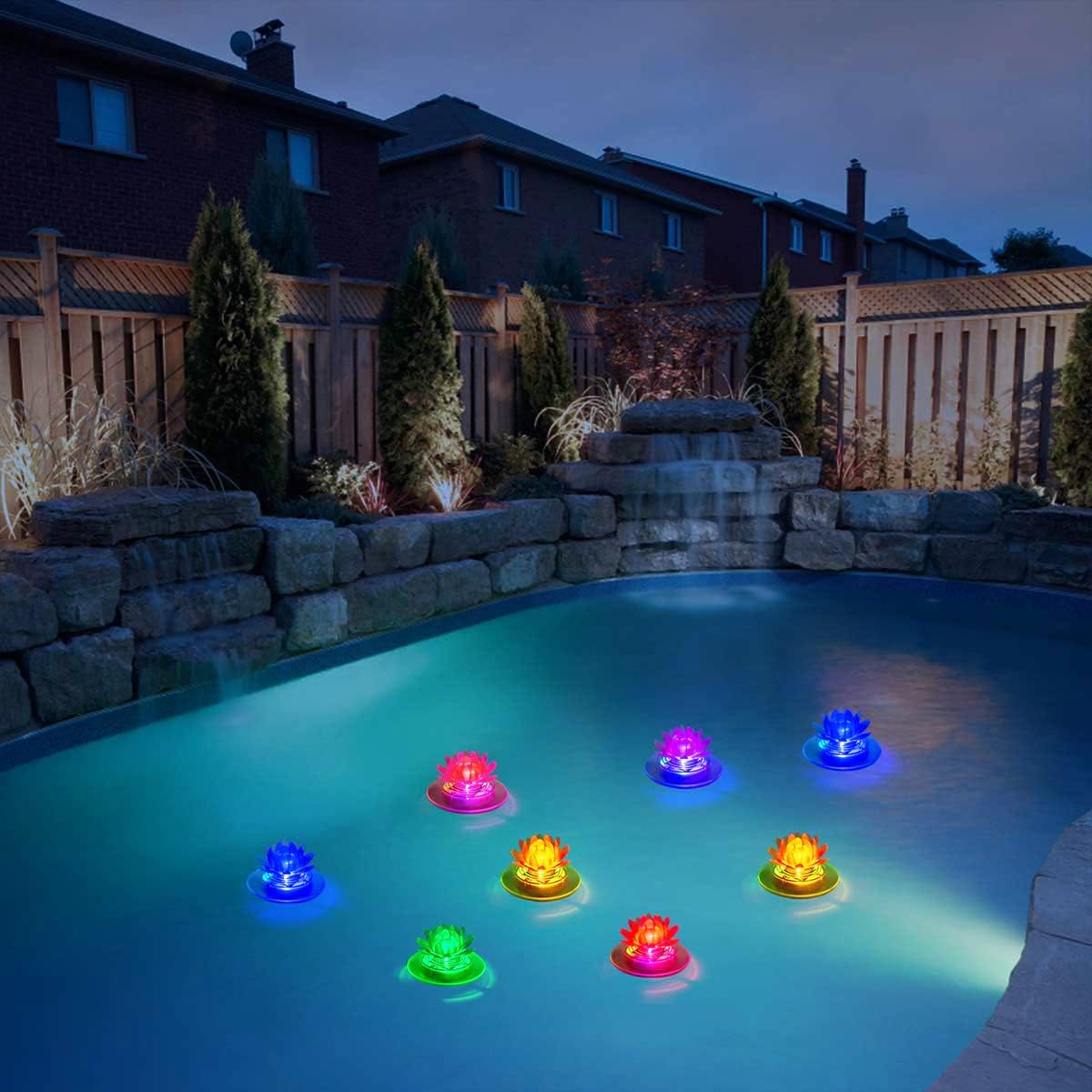 Pearlstar Solar Floating Pond Lights - Waterproof LED RGB Solar Lights for Pool, Spa, Garden, Patio | Outdoor Decor for Weddings, Parties & Christmas | 2Pcs Lotus Design | Perfect for Nighttime Ambiance & Holiday Celebrations