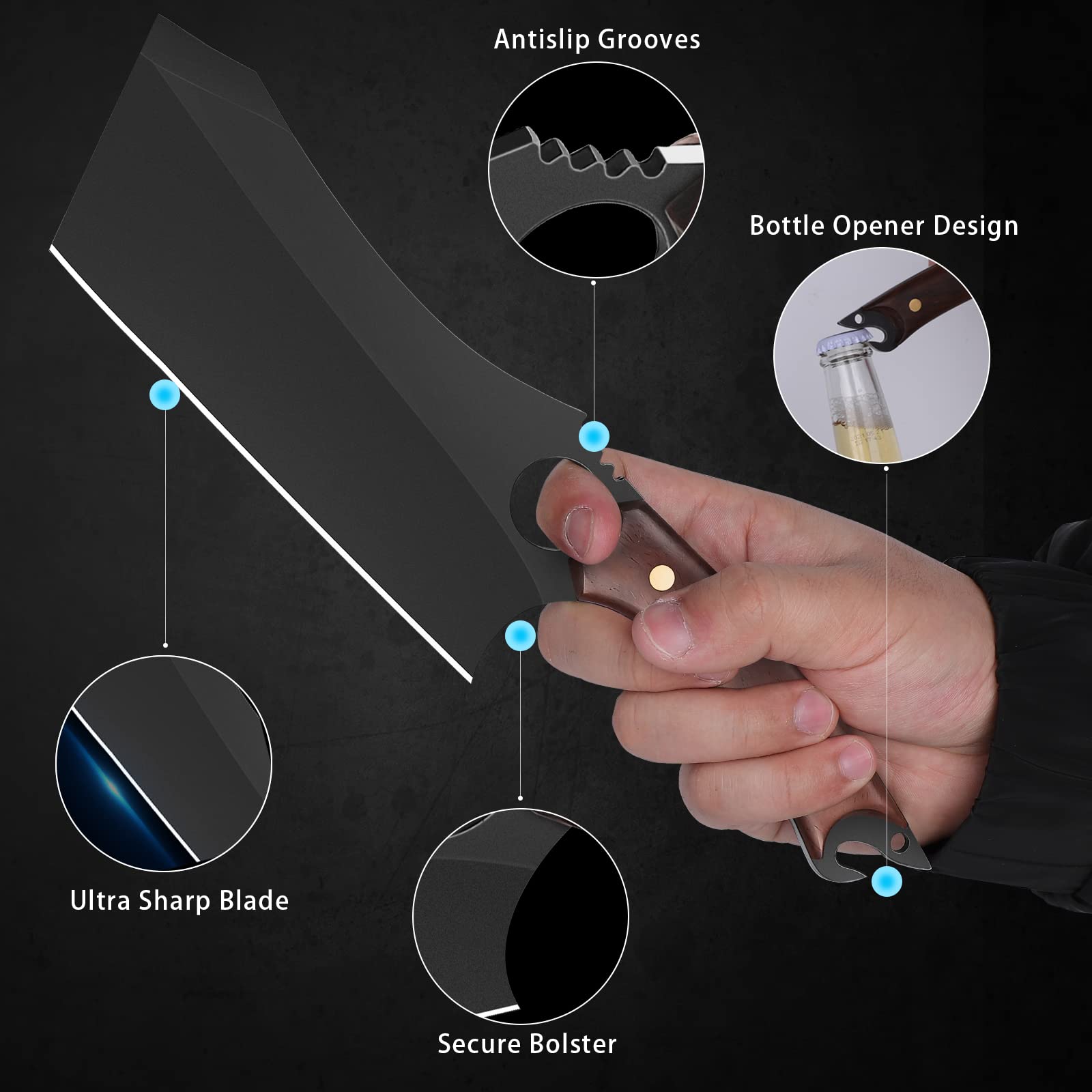 10 Inch Black Meat Cleaver - High Carbon Steel Chef Butcher Knife with Sheath | Sharp Boning & Chopping Knife for Cooking, BBQ & Camping | Includes Gift Box & Bottle Opener | Perfect for Professional Chefs & Outdoor Enthusiasts