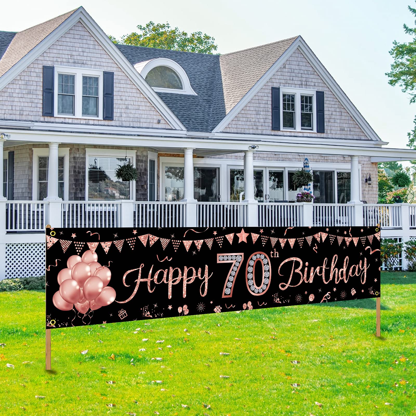 Rose Gold 70th Birthday Banner Decorations for Women - Happy 70 Year Old Party Sign Supplies - Indoor & Outdoor Celebration Decor - Perfect for Milestone Birthday Parties, Retirement Celebrations & Family Gatherings