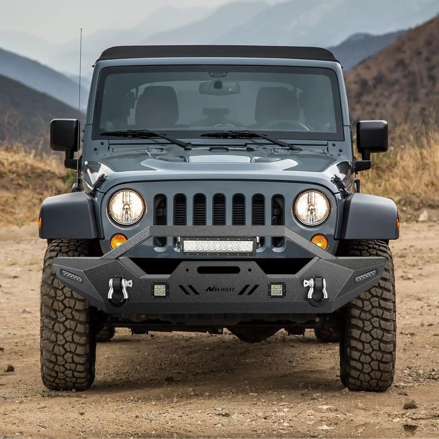 Jeep Wrangler JK/JKU & JL/JLU Front Bumper with 72W LED Light Bar & 18W Light Pods - Compatible with 2007-2025 Models Including Gladiator JT - Heavy Duty Winch-Ready Off-Road Bumper for Adventure & Trail Riding
