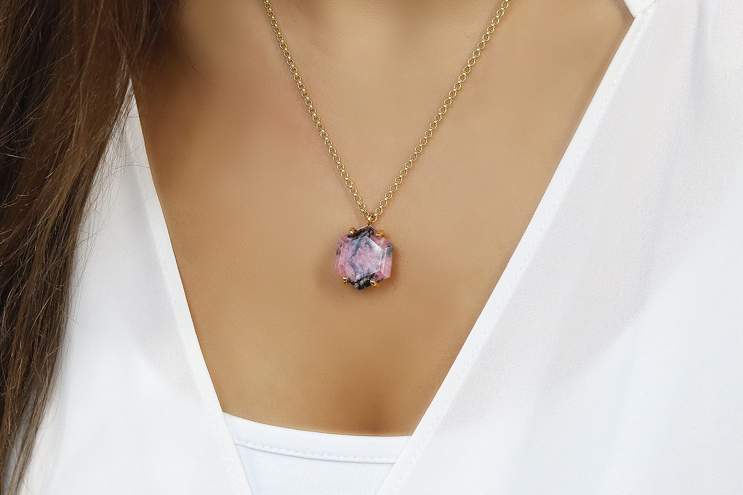 Rhodonite Hexagon Crystal Necklace for Women - Handmade Custom Gemstone Jewelry, Fashion Statement & Unique Gift - Perfect for Everyday Wear, Special Occasions & Spiritual Healing
