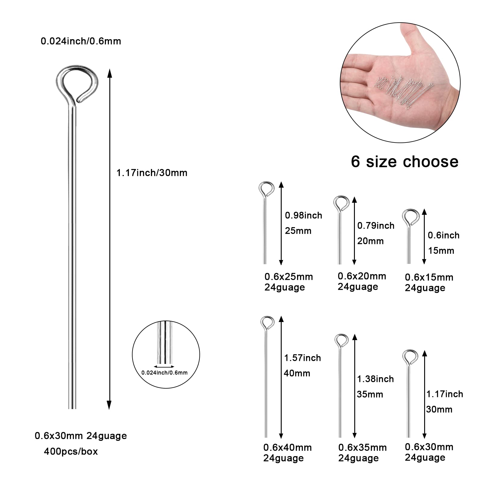 304 Stainless Steel Jewelry Eye Pins - 0.6x30mm 24 Gauge Silver Head Open Eye Pins (400pcs/Box) - Perfect for DIY Earrings, Necklaces, Bracelets & Charm Jewelry Making - Durable Findings for Professional & Hobby Crafters