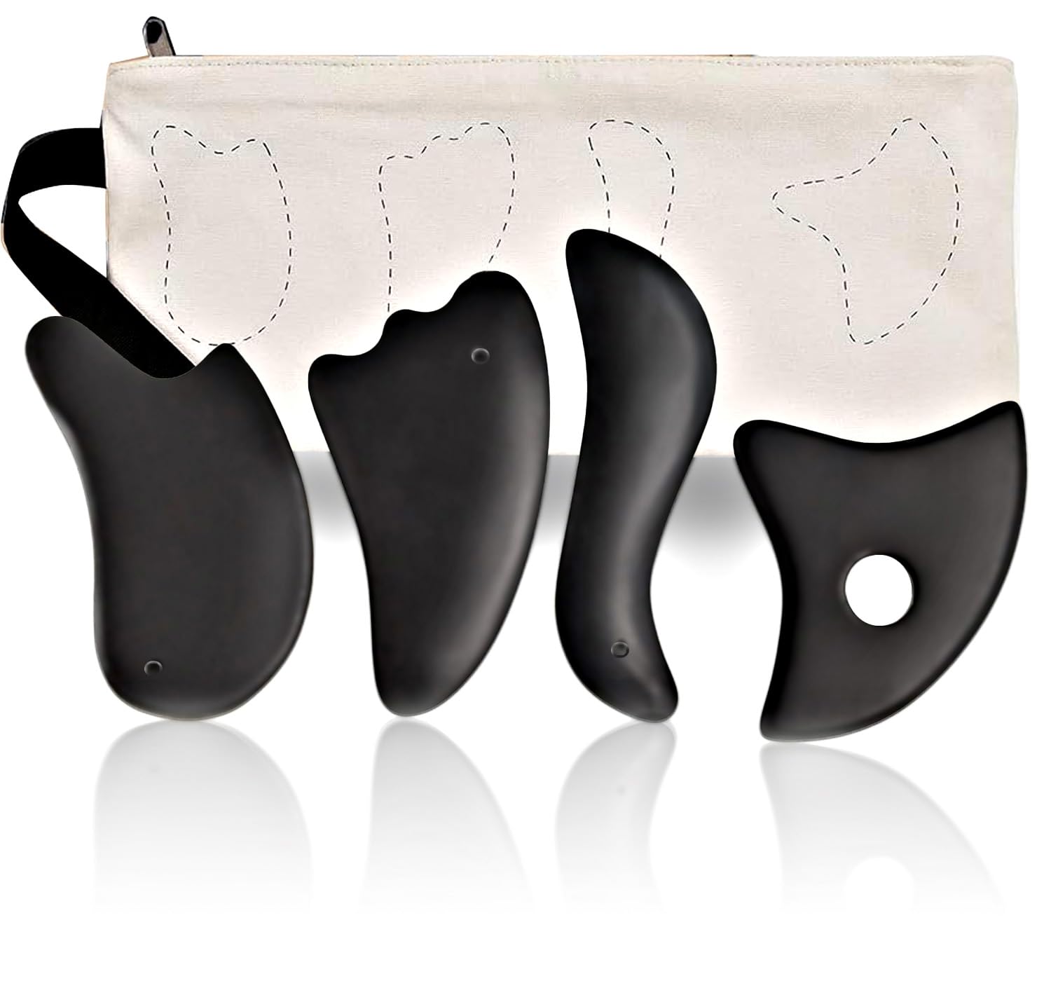 Premium Bian Stone Gua Sha Facial Tools Set of 4 - Natural Face & Body Massage Kit for Glowing Skin, Anti-Aging, Face Lifting & Slimming - Perfect for Daily Skincare Routine (Black) | Spa, Home Relaxation & Self-Care Gift for Women & Men