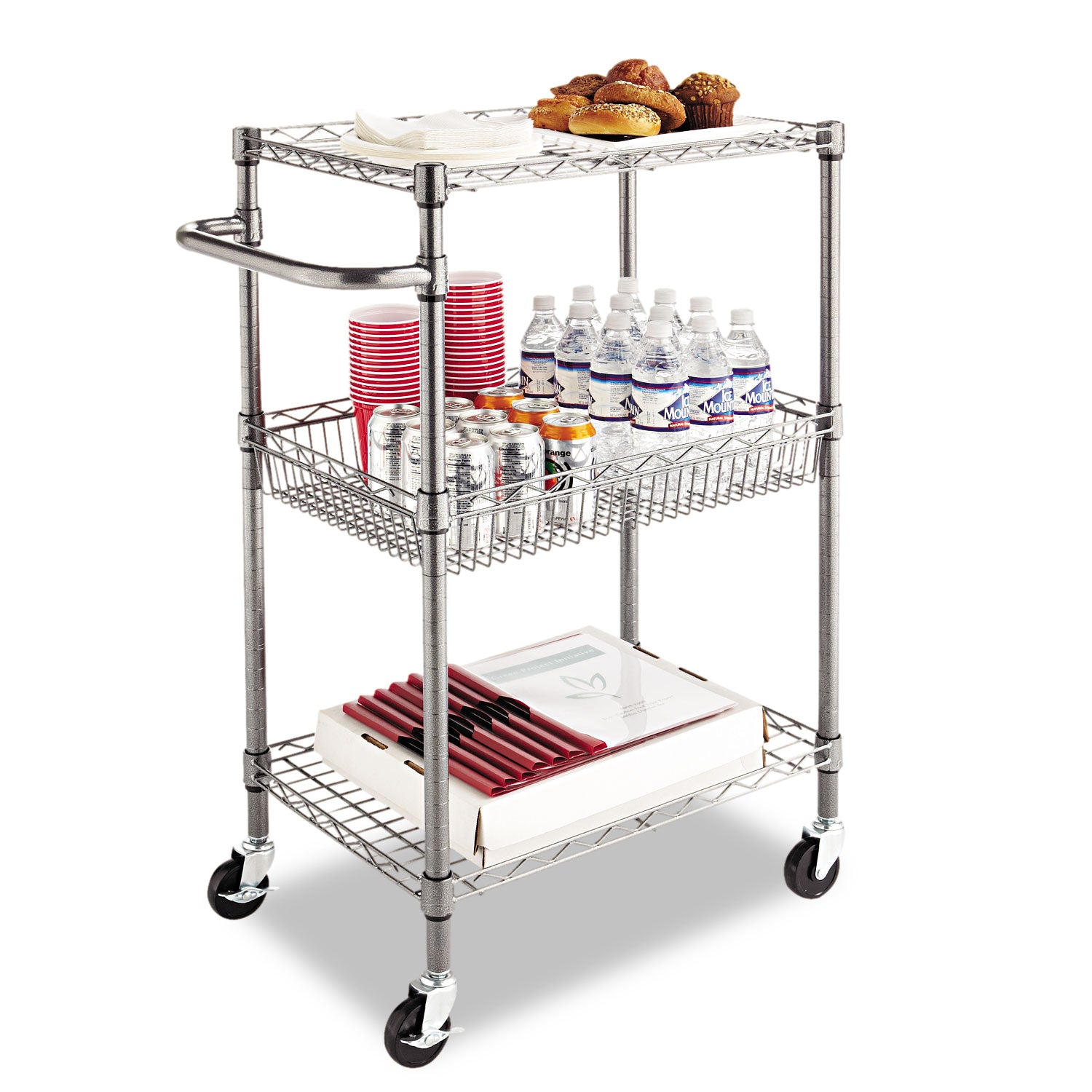 Alera® 3-Tier Heavy Duty Wire Utility Cart with Storage Basket - 500 lb Capacity Metal Rolling Cart, 28