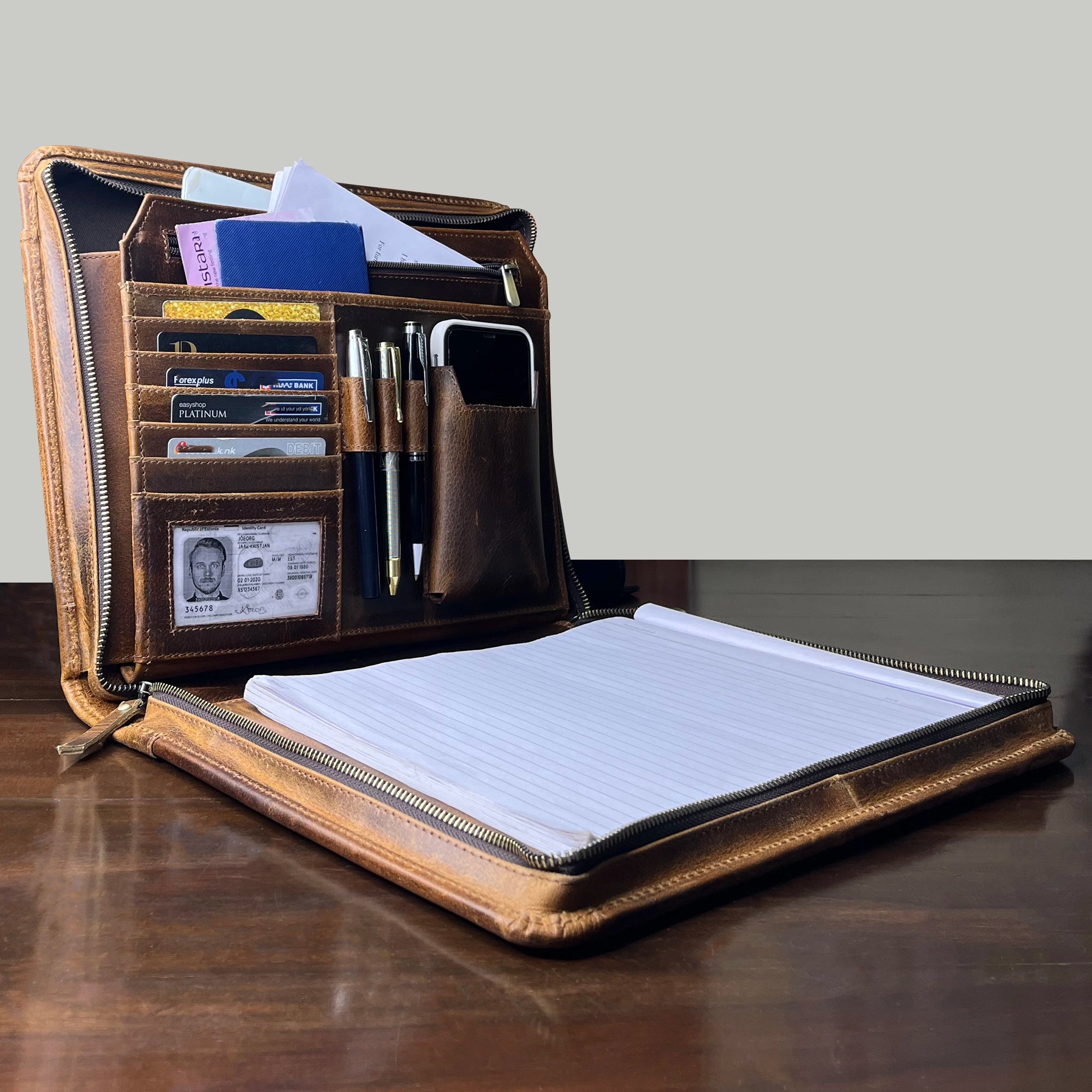 Premium Kingsman Business Leather Padfolio - Antique Brown, Professional Portfolio Organizer for Meetings, Presentations & Office Use