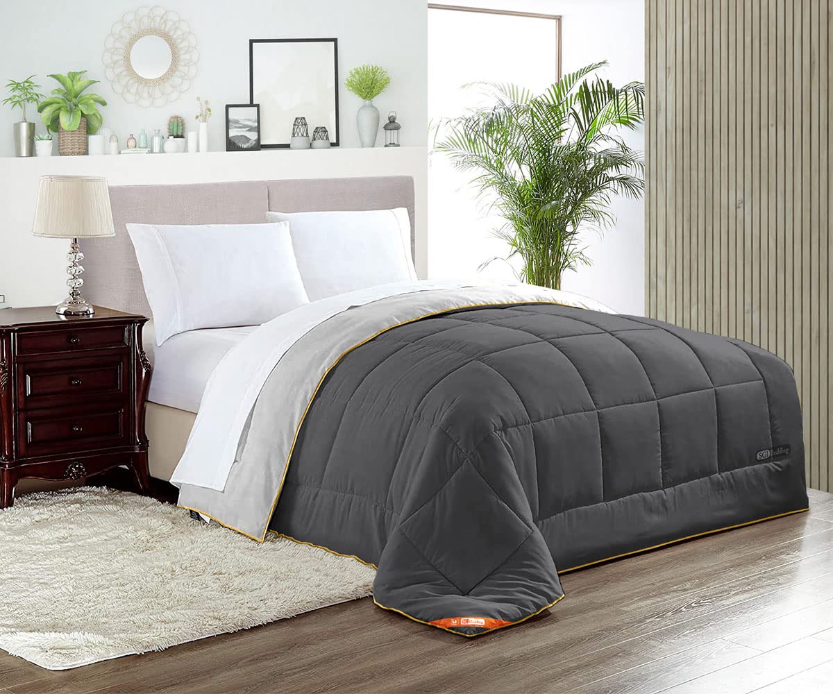 Premium Oversized Queen Down Alternative Comforter - Light Grey/Dark Gray 300 GSM Plush Siliconized Fiberfill, Box Stitched Quilted Design with 1000 TC Egyptian Cotton Cover & Golden Piping - Ultra Soft Bedding for All-Season Comfort in Master Bedroom, Guest Room or Dorm