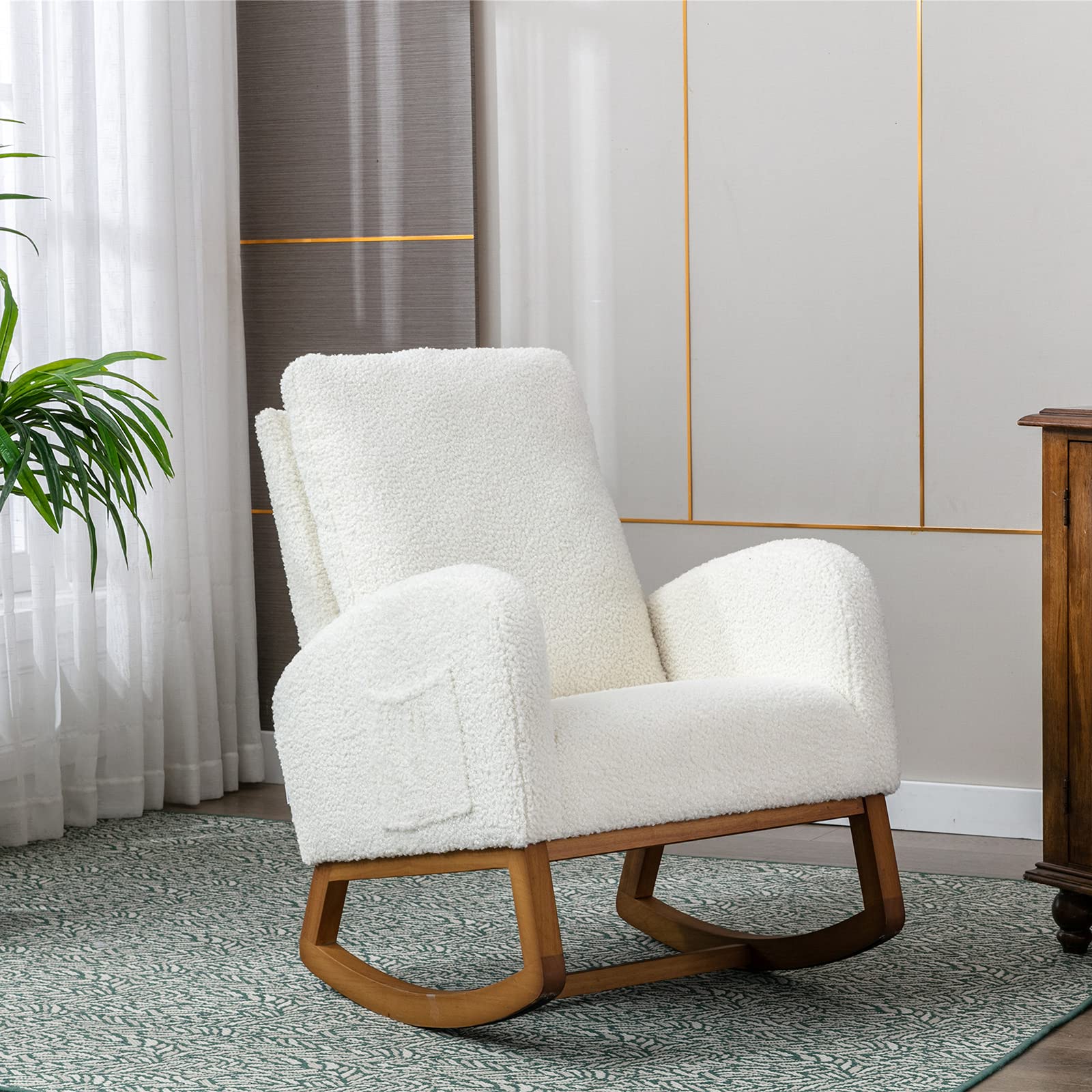 Antetek Modern Upholstered Nursery Glider Rocking Chair - Comfortable Baby & Kids Rocker with Side Pocket, High Back Support - Perfect for Nursery, Living Room, Bedroom (White)