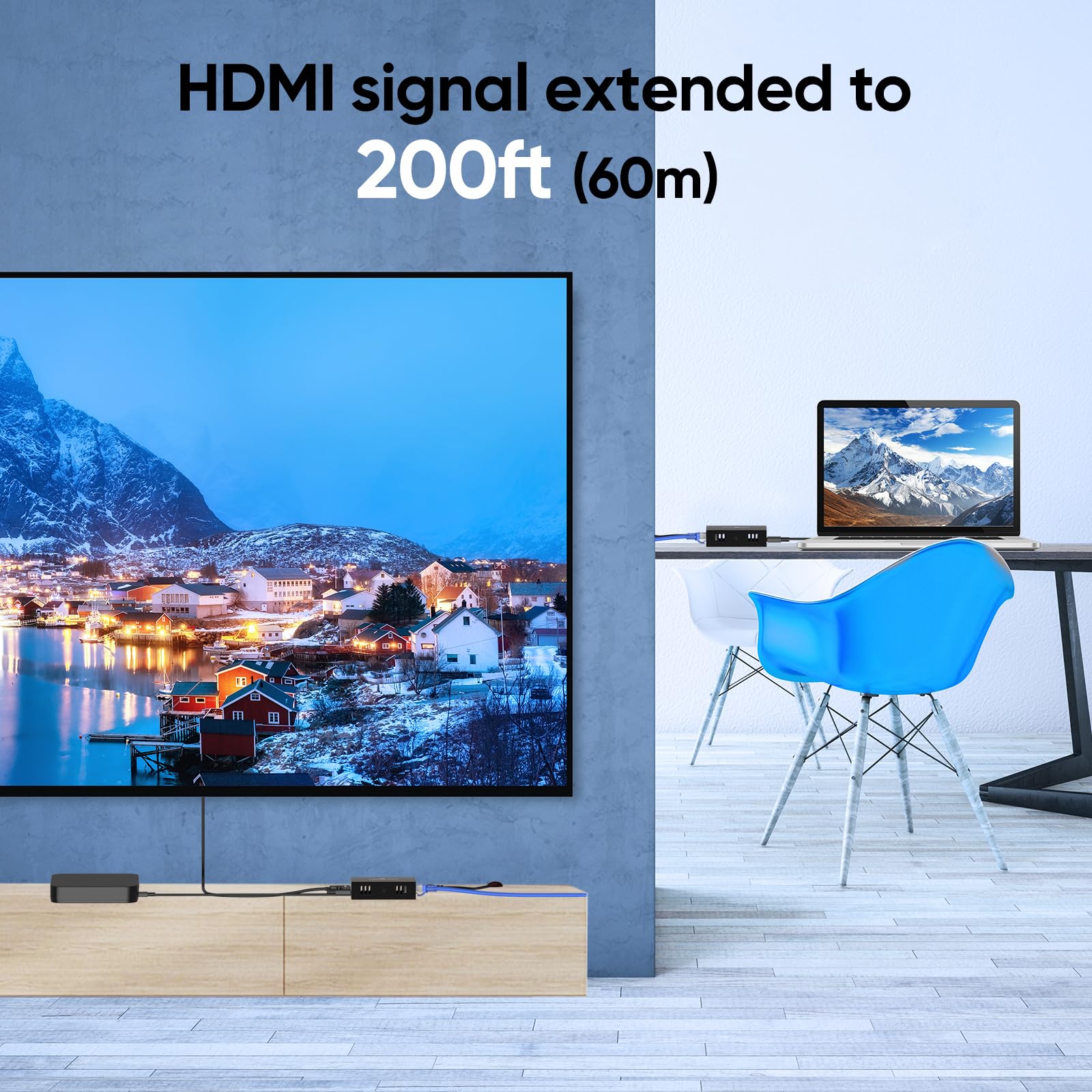 4K HDMI Extender Over Single Cat5e/6/7 Cable - 4K@60Hz, 200ft Ethernet HDMI Balun with Zero Latency, IR Control, POE, HDCP 2.2 - Perfect for Home Theater, Gaming & Conference Room AV Setup