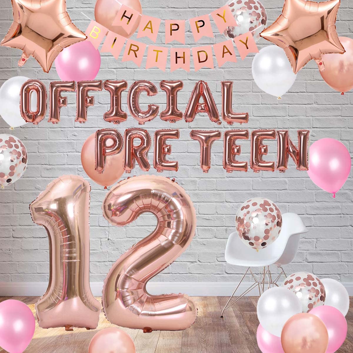 12th Birthday Decorations for Girls - Rose Gold Pre-Teen Balloons, Number 12 Banner & Confetti Balloons Set | Perfect for 12 Year Old Birthday Party Decor & Photo Backdrop