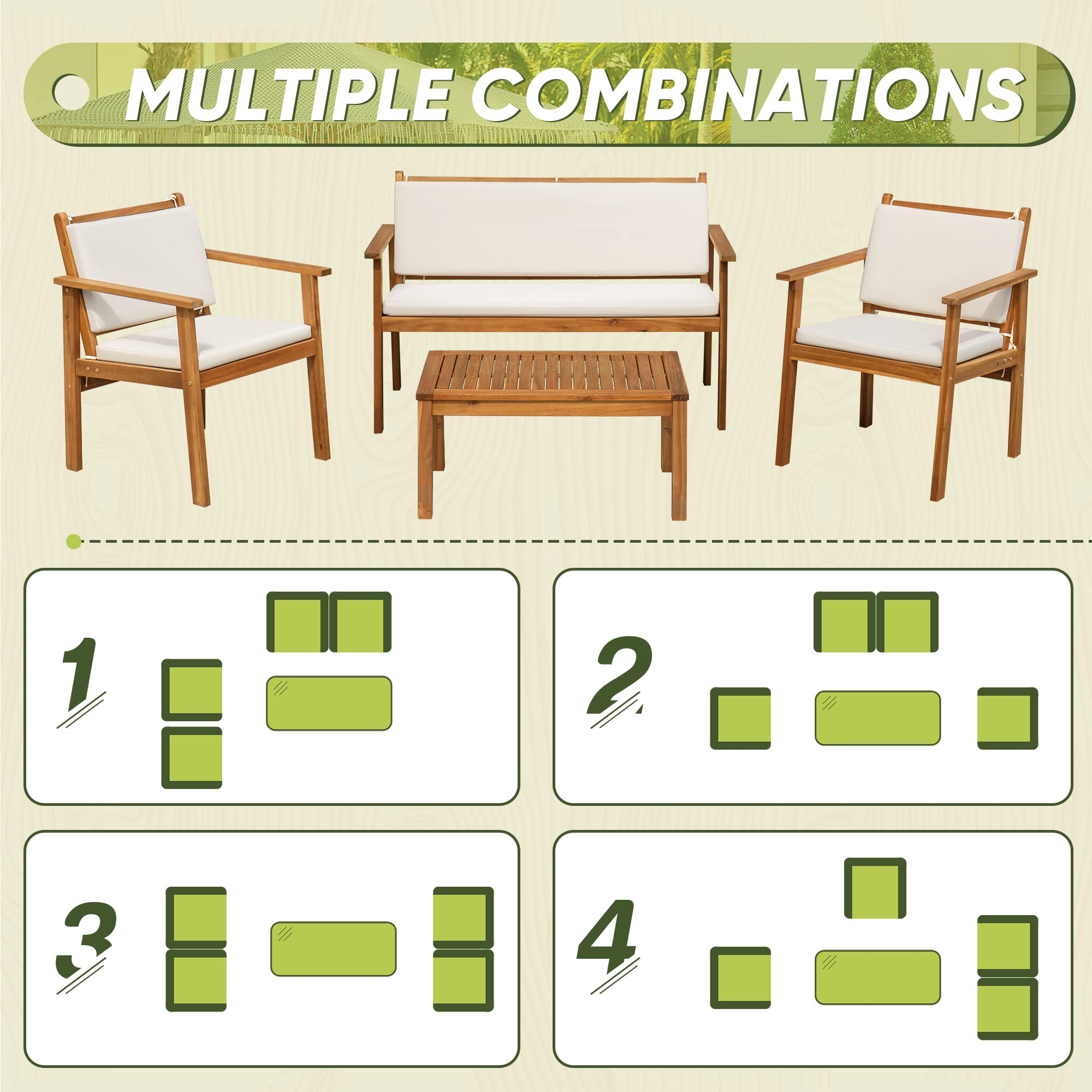 Flamaker 4-Piece Acacia Wood Outdoor Patio Furniture Set with Table & Cushions - Durable Conversation Sofa for Deck, Balcony, Backyard, Garden & Poolside Relaxation