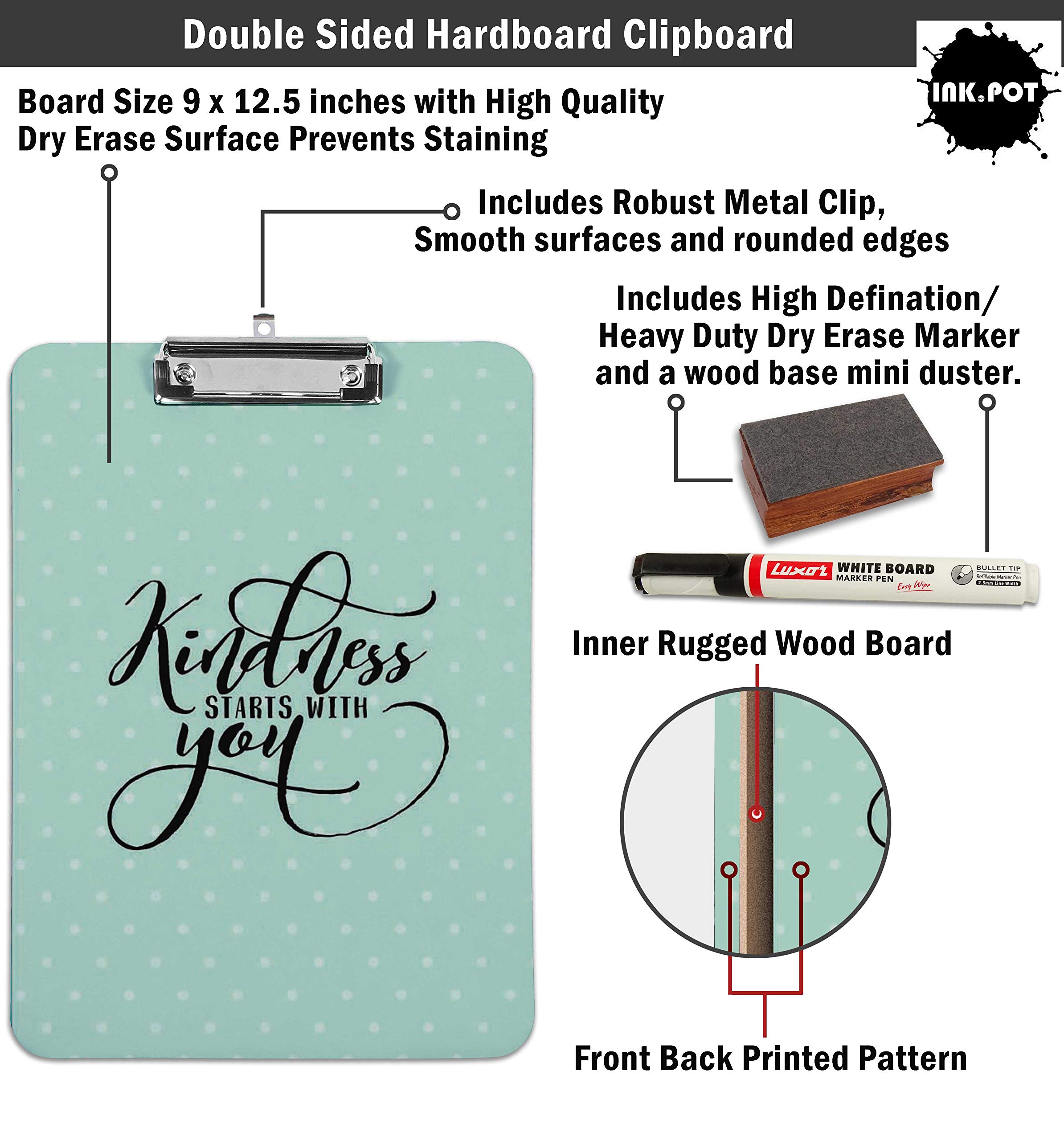 Double Sided Dry Erase Clipboard 9x12.5 - Free Marker & Duster for Office & School