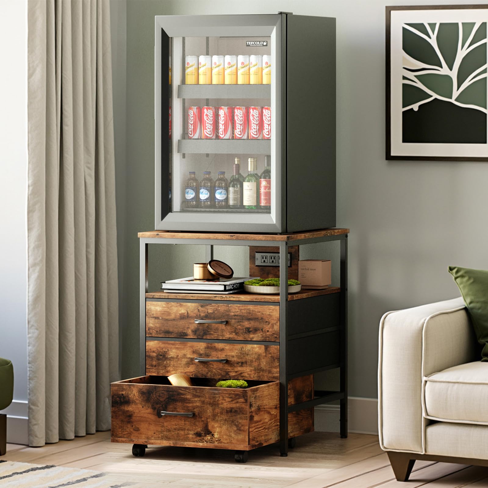 4-Tier Mini Fridge Stand with Storage & Power Outlet - Heavy Duty Rolling Cabinet Organizer for Compact Refrigerators - Rustic Brown HB02BXN - Perfect for Dorm, Office, Bedroom & Kitchen Use