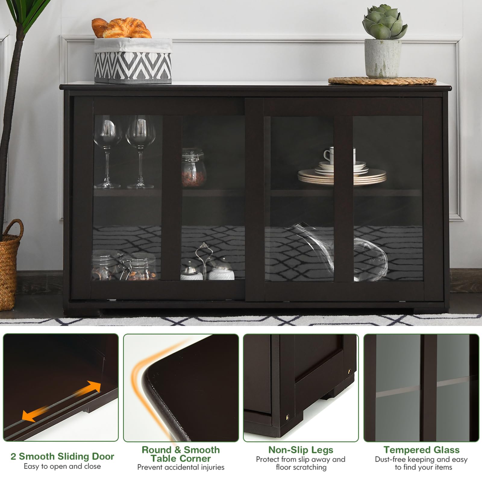 Stackable Sideboard Buffet Cabinet with Adjustable Shelf & Glass Sliding Doors - Wooden Credenza Storage Table for Kitchen, Dining Room, Living Room & Entryway - Perfect for Coffee Bar Setup, Home Organization & Stylish Storage Solutions