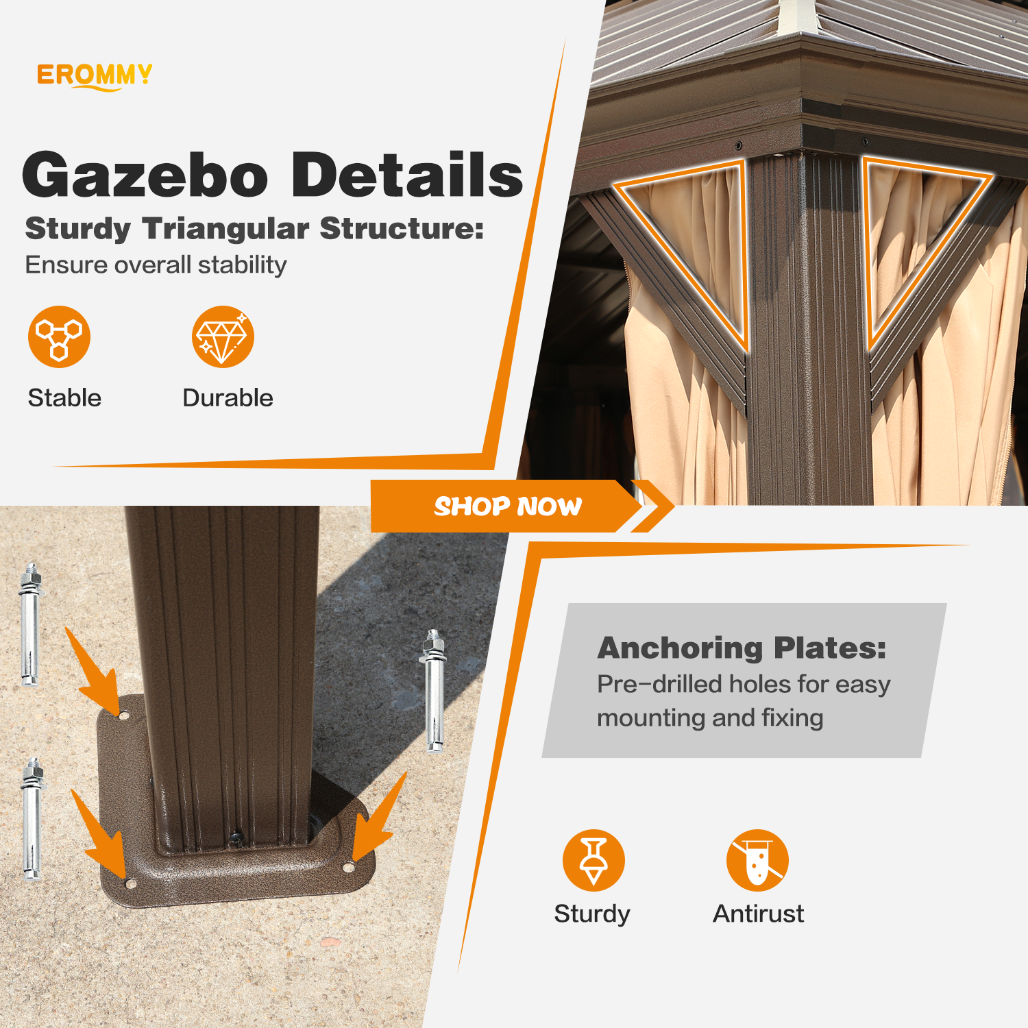 14x20 Gazebo with Double Galvanized Steel Roof - Heavy Duty Outdoor Canopy for Patio, Backyard, Garden Parties & BBQ | EROMMY Weatherproof Shelter