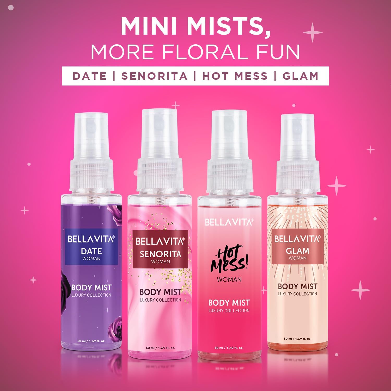 Bella Vita Luxury Body Mist Travel Size Gift Set for Women - Date, Senorita, Glam & Hot Mess Fragrances | Floral & Fruity Scents, Long Lasting 50ml Each | Perfect for Travel, Gifts & Everyday Use
