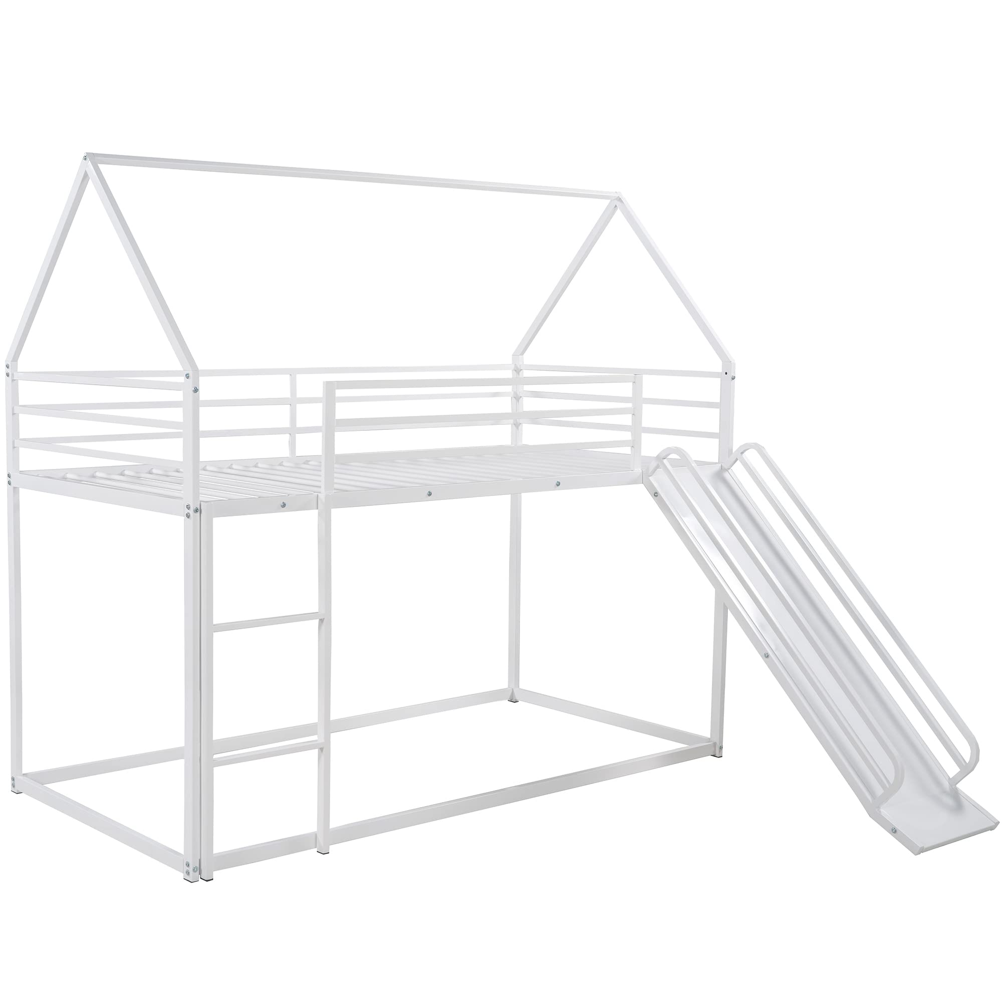 Kids Metal Bunk Beds with Slide - Twin Over Twin Low Loft House Bed for Boys & Girls - White Space-Saving Bedroom Furniture for Small Rooms & Sleepovers