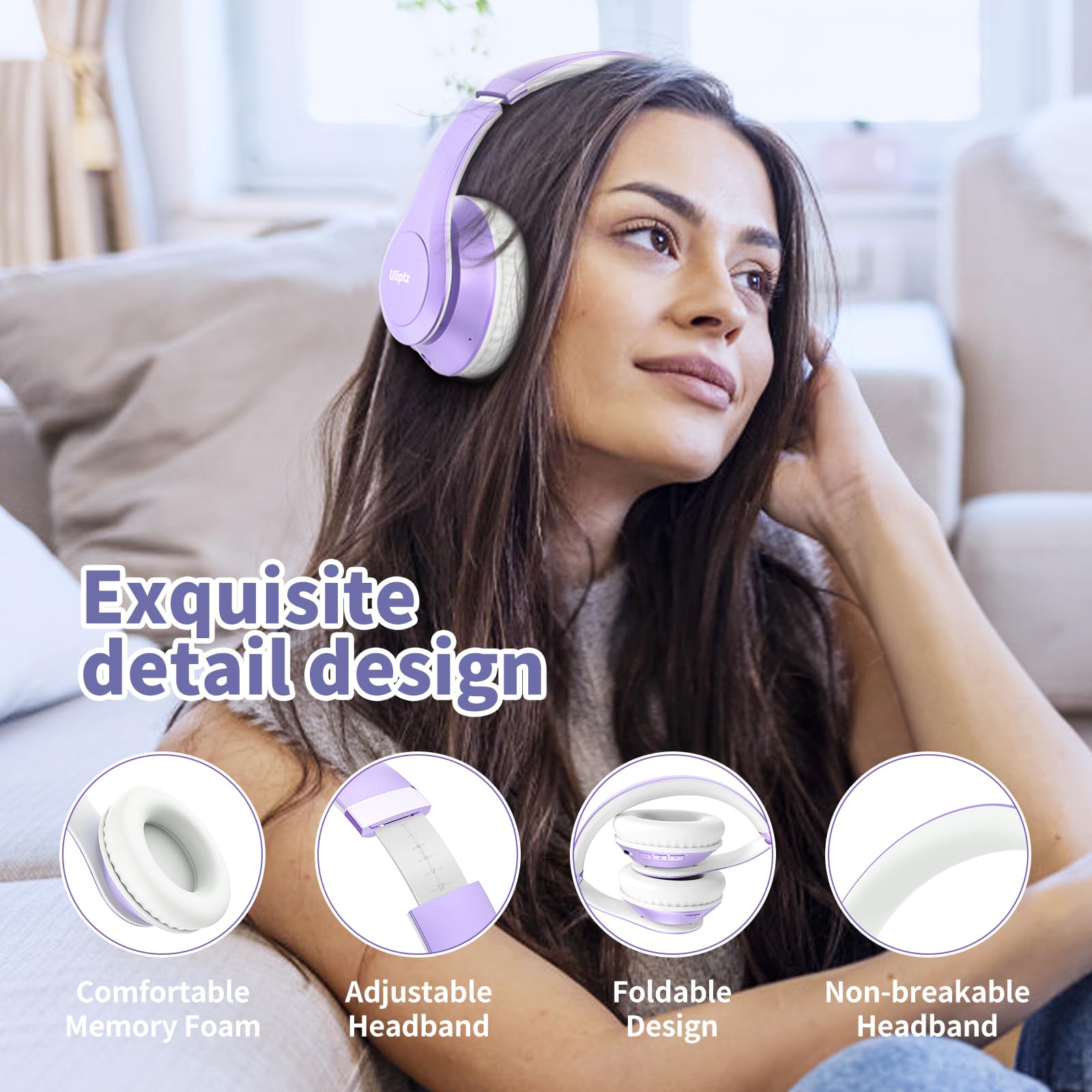 Uliptz Wireless Over-Ear Headphones with 65-Hour Playtime, Bluetooth 5.3, 6 EQ Modes, Foldable & Lightweight Design - Perfect for Travel, Office, PC, and Gaming (Purple)