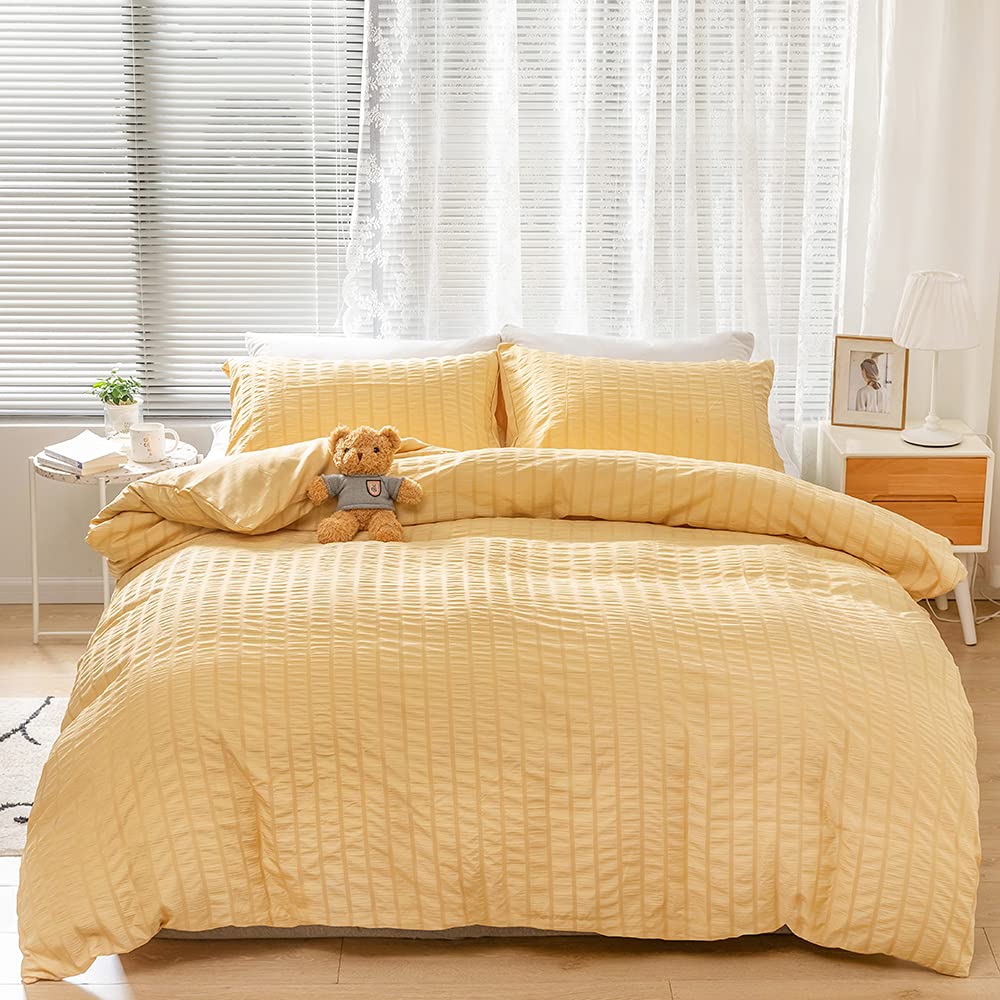 Boho Stripe Textured Duvet Cover Set King Size - Ultra Soft Farmhouse Comforter Cover with Zipper & 2 Pillowcases - Yellow Bohemian Bedding for Cozy Bedroom Decor