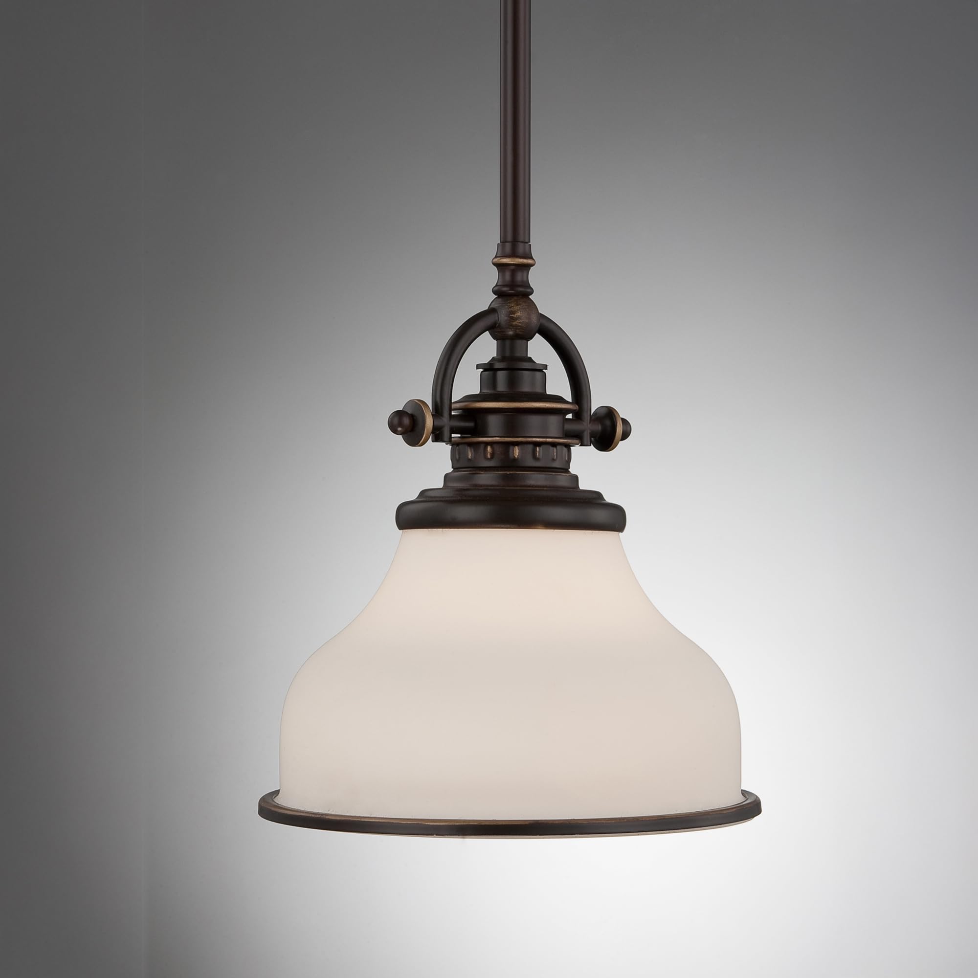 Quoizel Grant Mini Pendant Light - 8 Inch 1-Light Palladian Bronze Opal Etched Glass Hanging Ceiling Fixture for Kitchen Island, Dining Room, Hallway, Bedroom, Bar, Cafe & Office | Modern Industrial Lighting for Home & Commercial Spaces