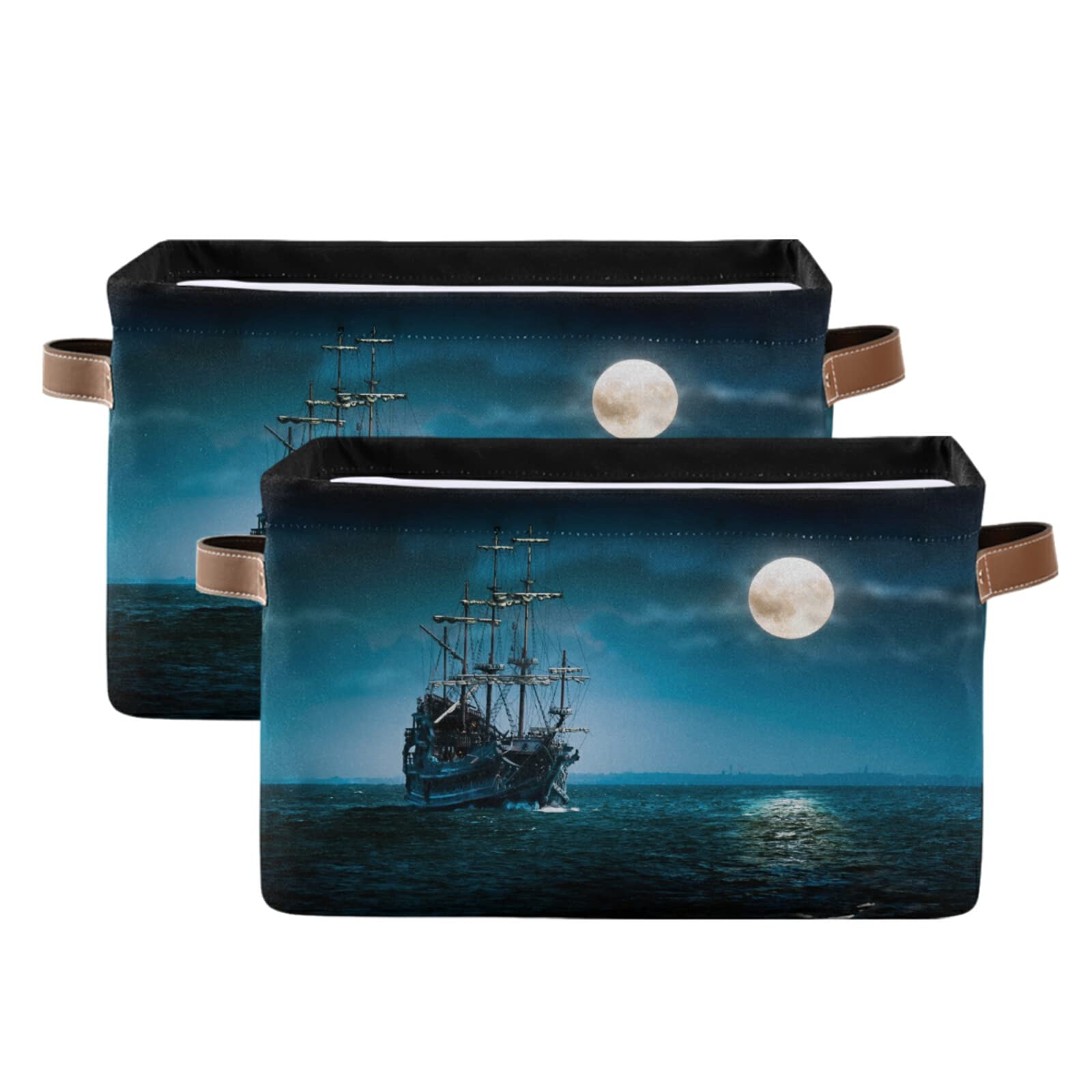 Nautical Collapsible Storage Baskets with Handles - 2 Pack Ocean-Themed Decorative Storage Bins for Nursery, Closet, Office & Bedroom Organization | Perfect for Beach House Decor, Kids' Room Storage & Home Organization