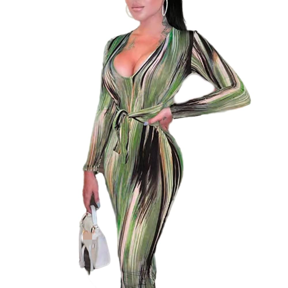 Elegant Women's Bodycon Tie Waist Wrap Dress - V Neck Long Sleeve Midi Cocktail Party Dress for Night Out, Date Night & Special Occasions