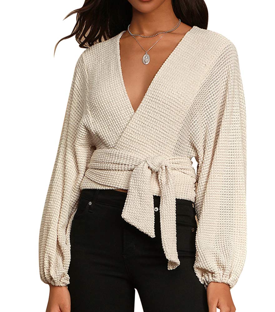 Women's V-Neck Long Sleeve Wrap Sweater - Soft Waffle Knit Pullover Top for Casual Wear | Perfect for Office, Date Night & Fall Layering