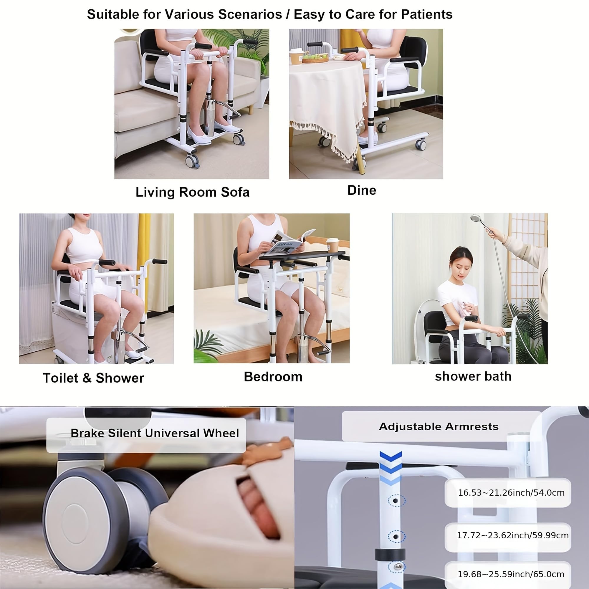 **Lightweight Folding Transfer Wheelchair & Adjustable Height Hydraulic Patient Lift Chair - Rolling Shower Chair for Elderly & Disabled - Home Mobility Aid (Blue) | Ideal for Bathroom, Bedroom & Indoor Use**