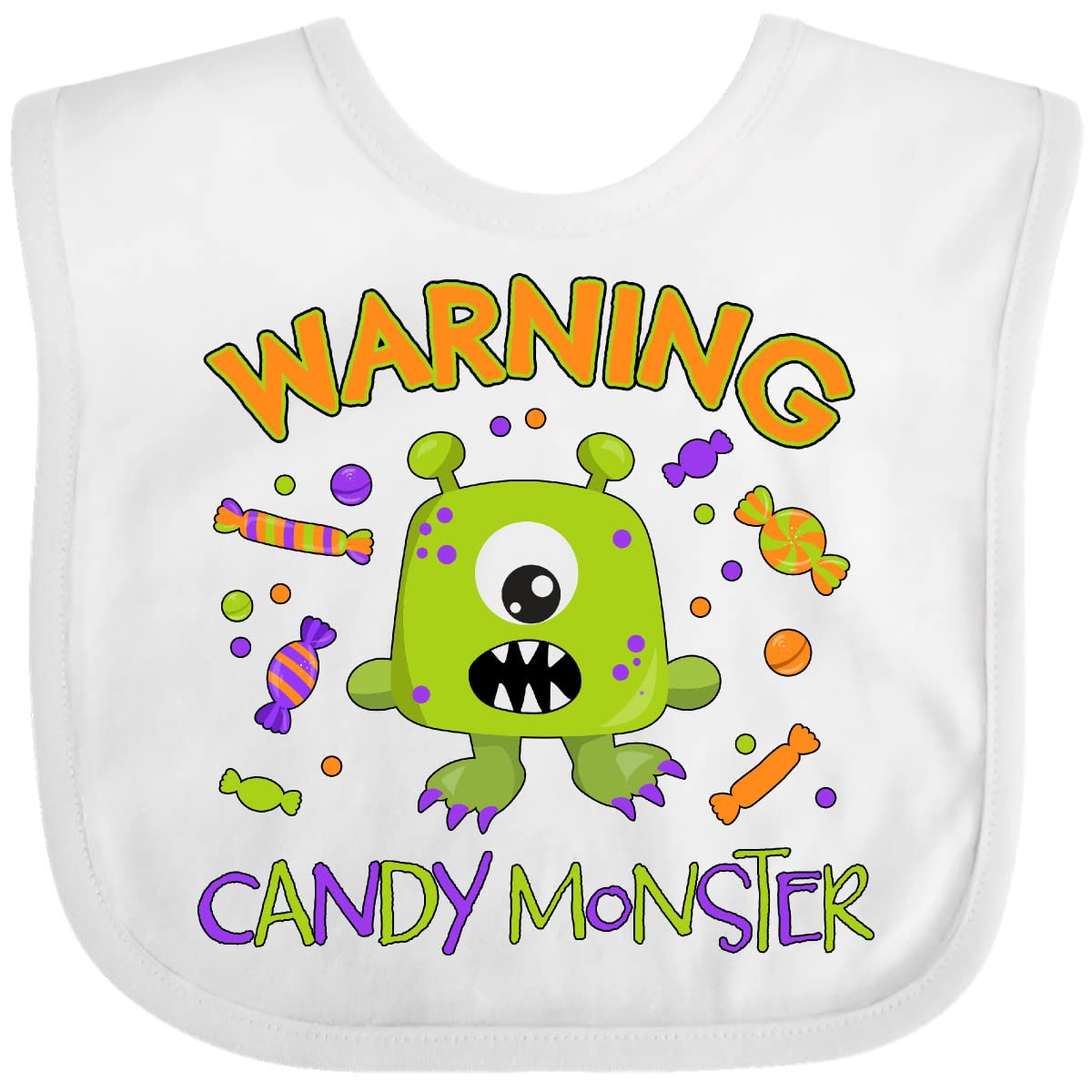 Inktastic Warning Candy Monster with Candy - Cute Green Monster Baby Bib for Feeding & Messy Play - Perfect for Infants, Toddlers & Baby Showers