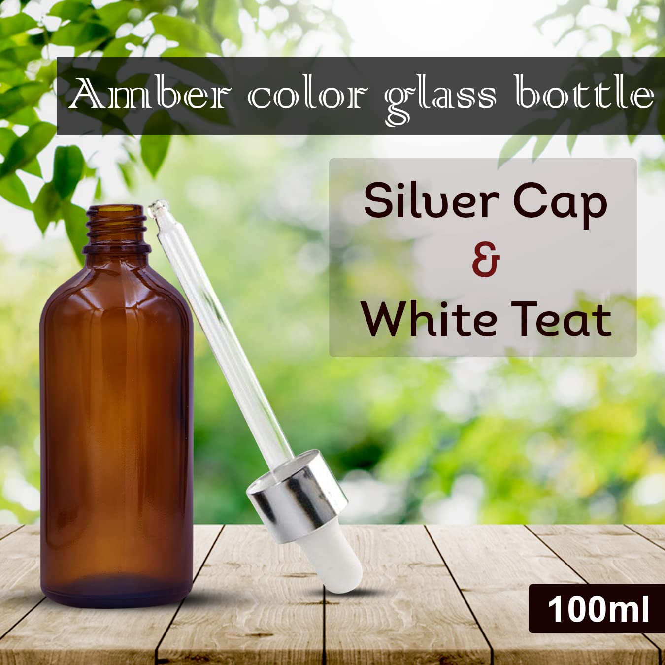 NSB Herbals 100ml Amber Round Empty Glass Bottle with Glass Dropper, Silver Ring & White Silicone Teat - Refillable for Essential Oils, DIY Perfumes, Aromatherapy (Pack of 12) | Perfect for Home Spa, Travel & Gift Sets