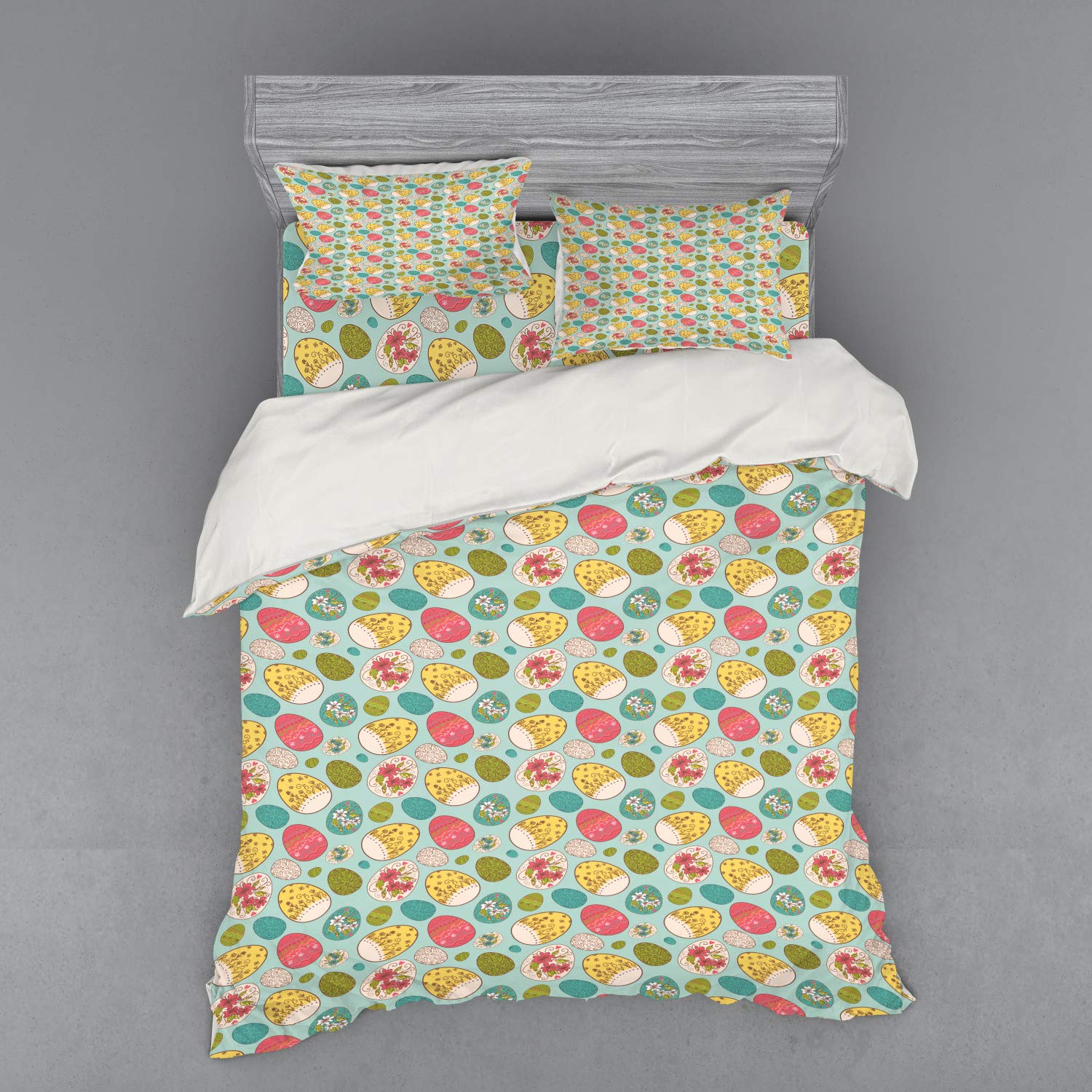 Ambesonne Easter Bedding Set - Pale Blue Floral Doodle Duvet Cover Set with Shams & Fitted Sheet, Queen Size 4-Piece - Perfect for Spring Decor, Guest Room & Holiday Home Styling
